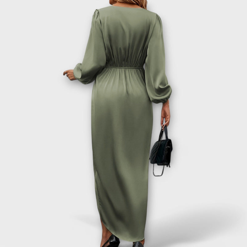 Formal Dress with Waist Tie and W neckline in Surplice Style