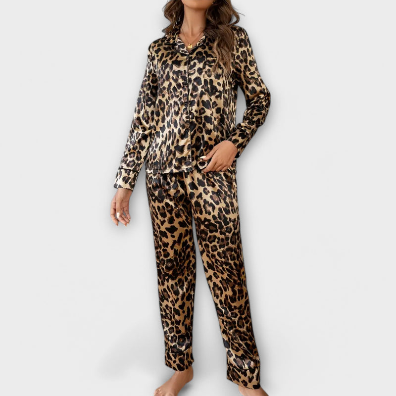 Striking satin pajama set in leopard print