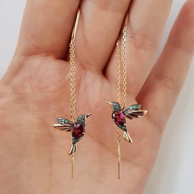 Hummingbird earrings with enamel and zircons