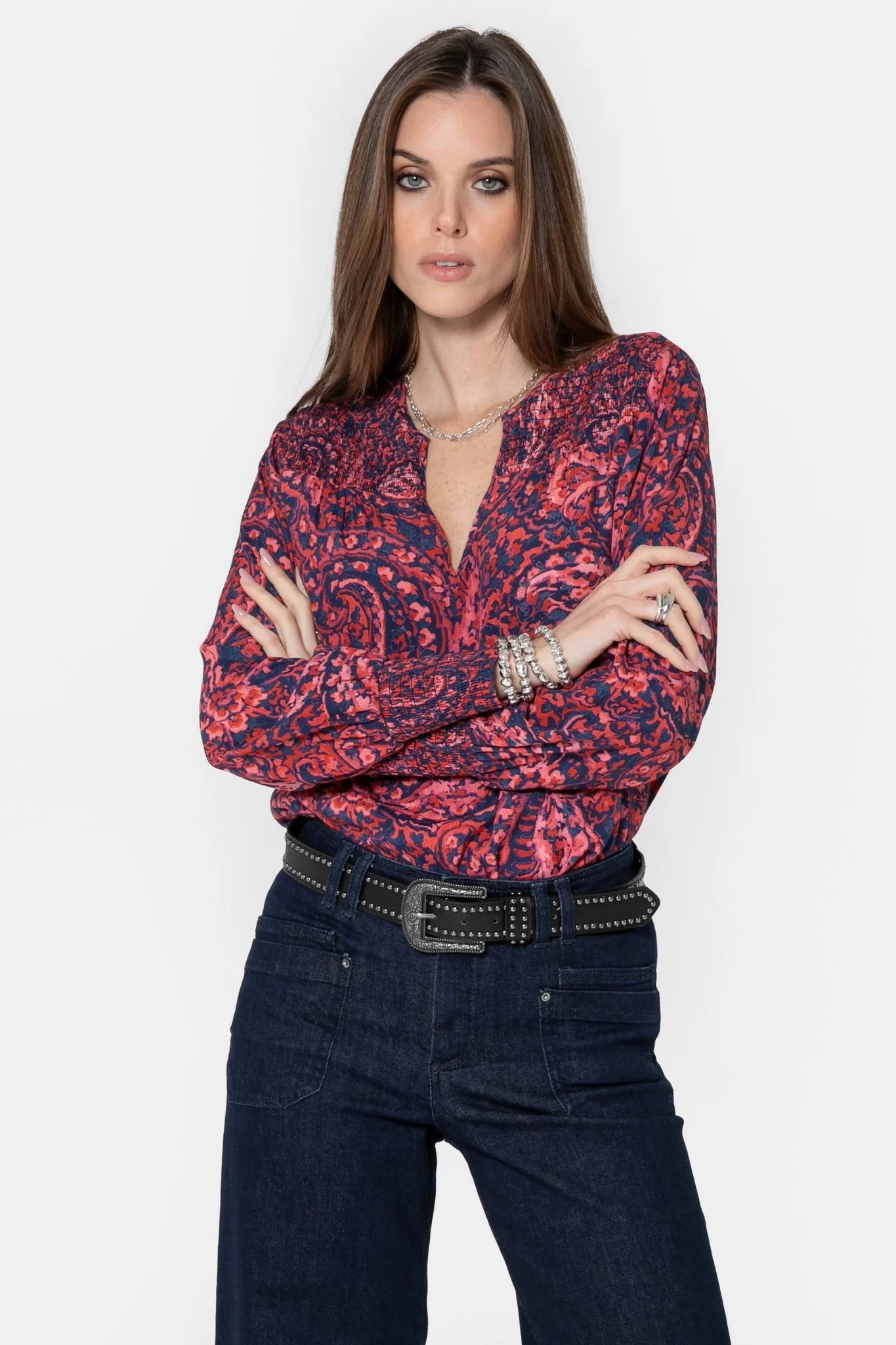 Blouse à motif cachemire bleu et rose