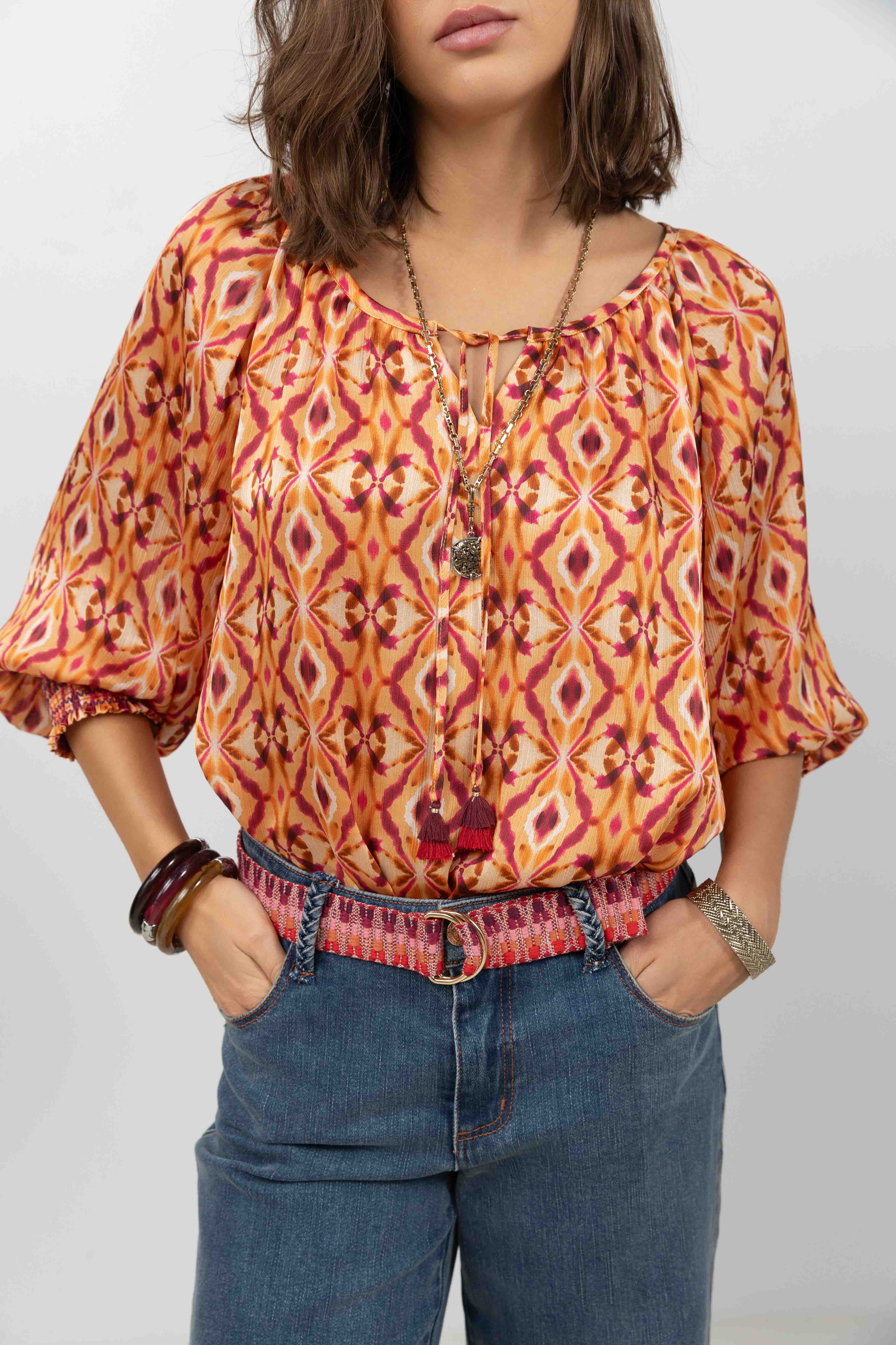 Blouse bohème imprimée rose et orange - Image 3