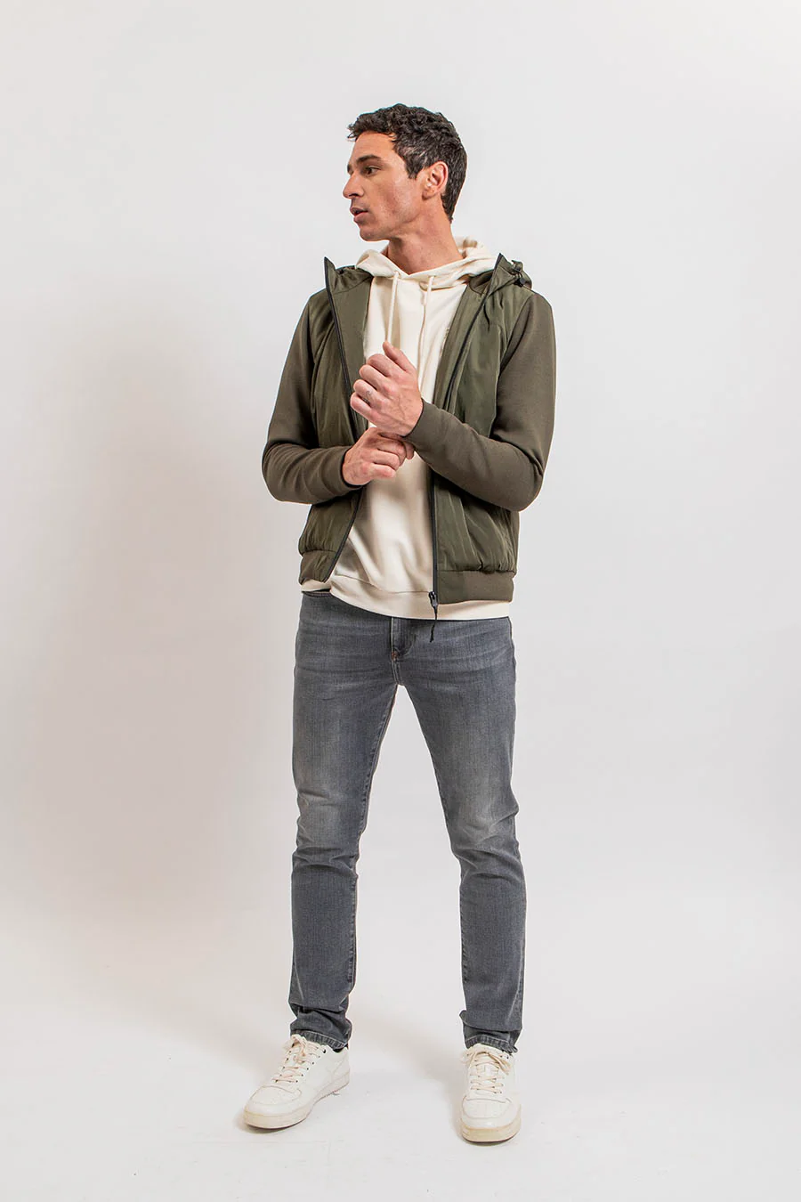 Blouson à capuche bi-matières kaki - Image 4