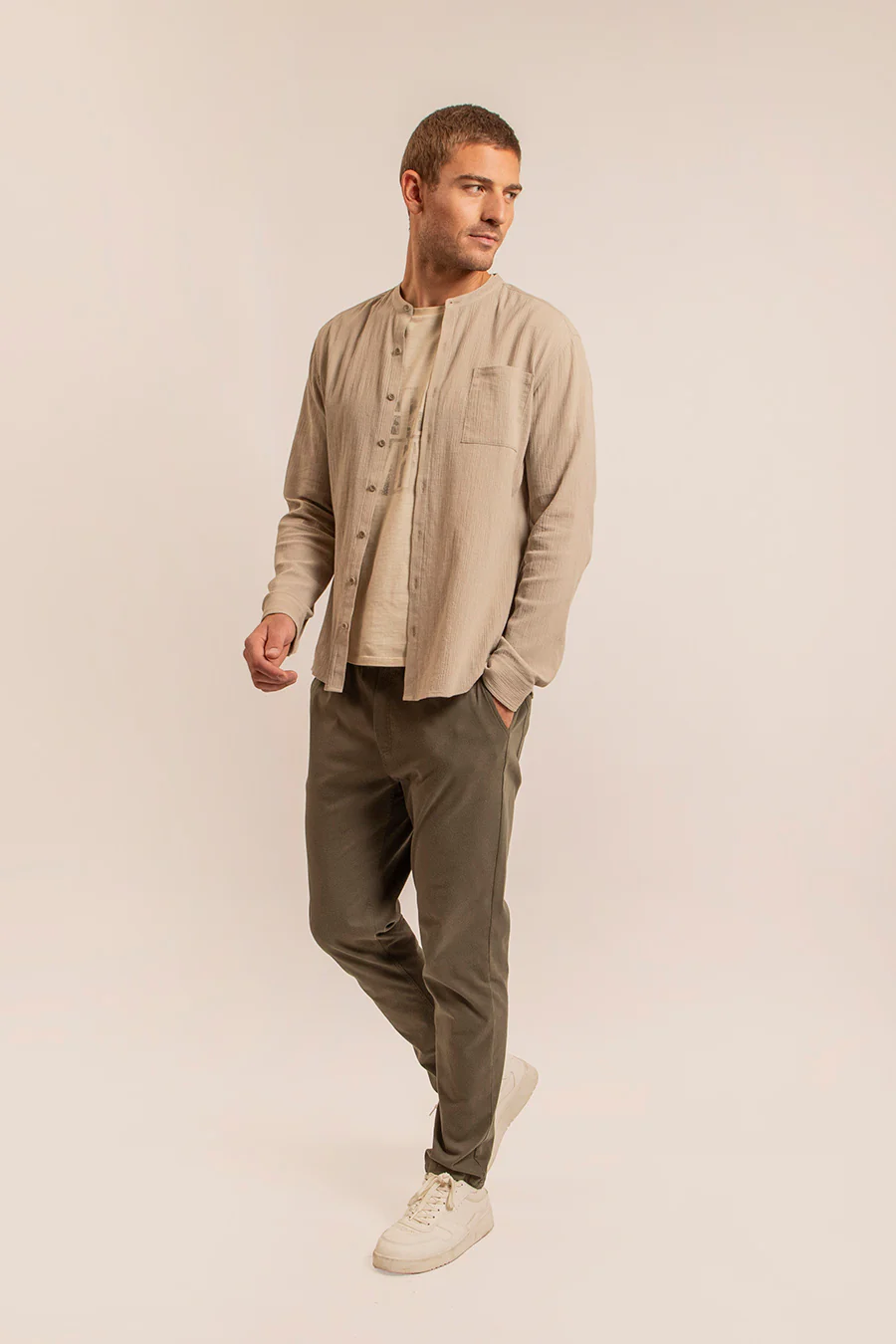Chemise col mao kaki clair - Image 2