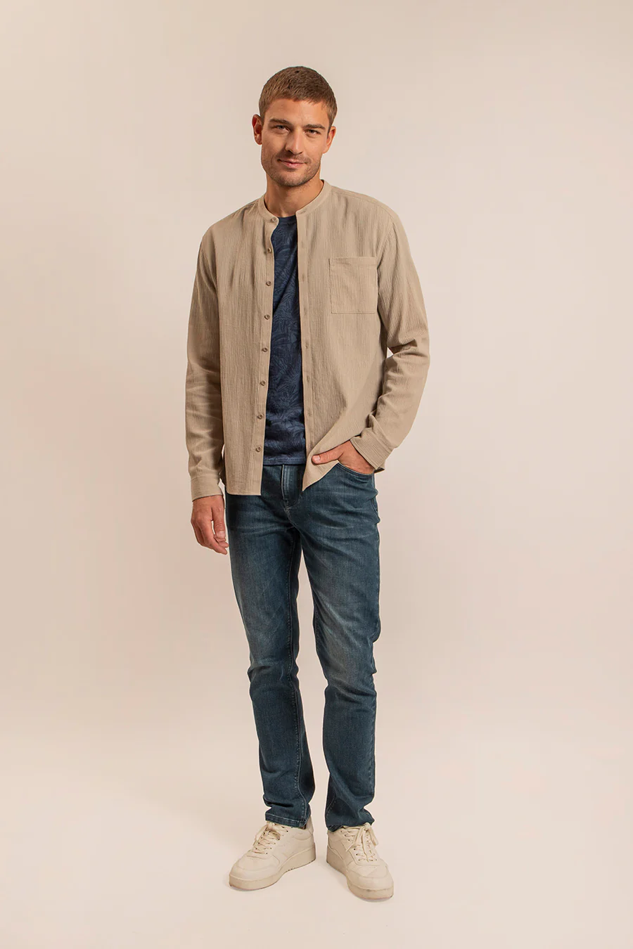 Chemise col mao kaki clair - Image 3