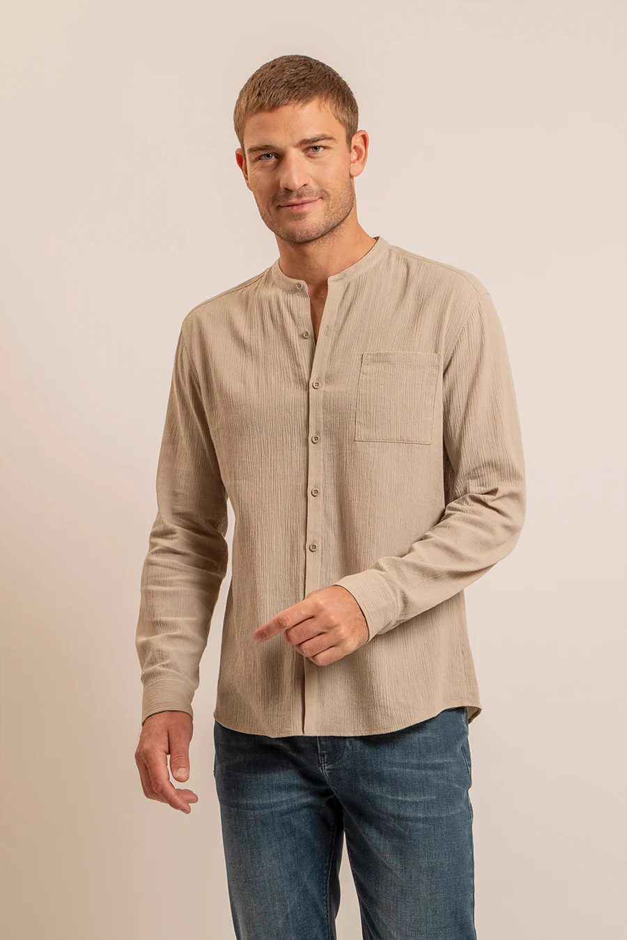 Chemise col mao kaki clair - Image 4