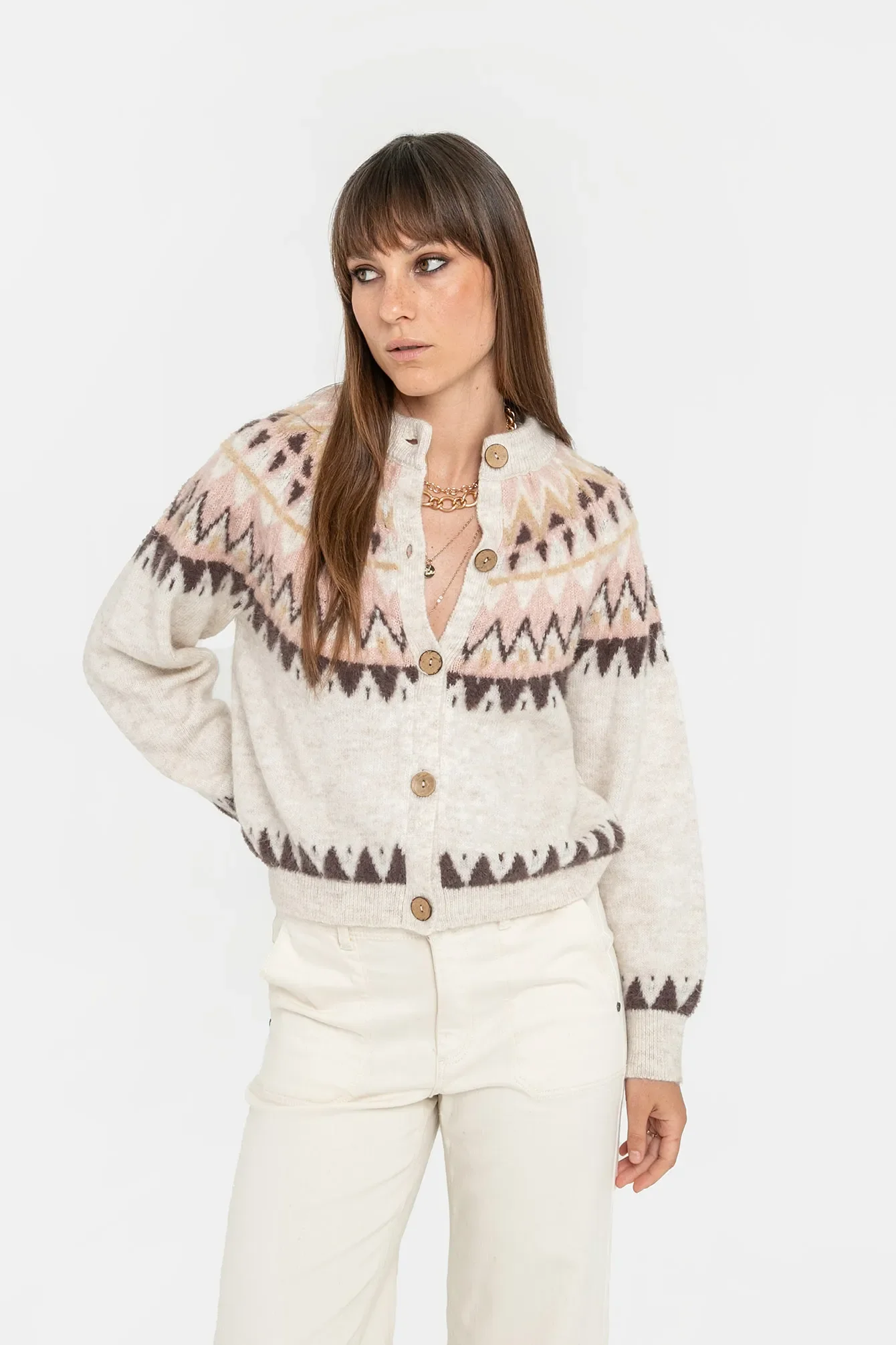 Gilet inspiration norvégienne beige et rose - Image 3