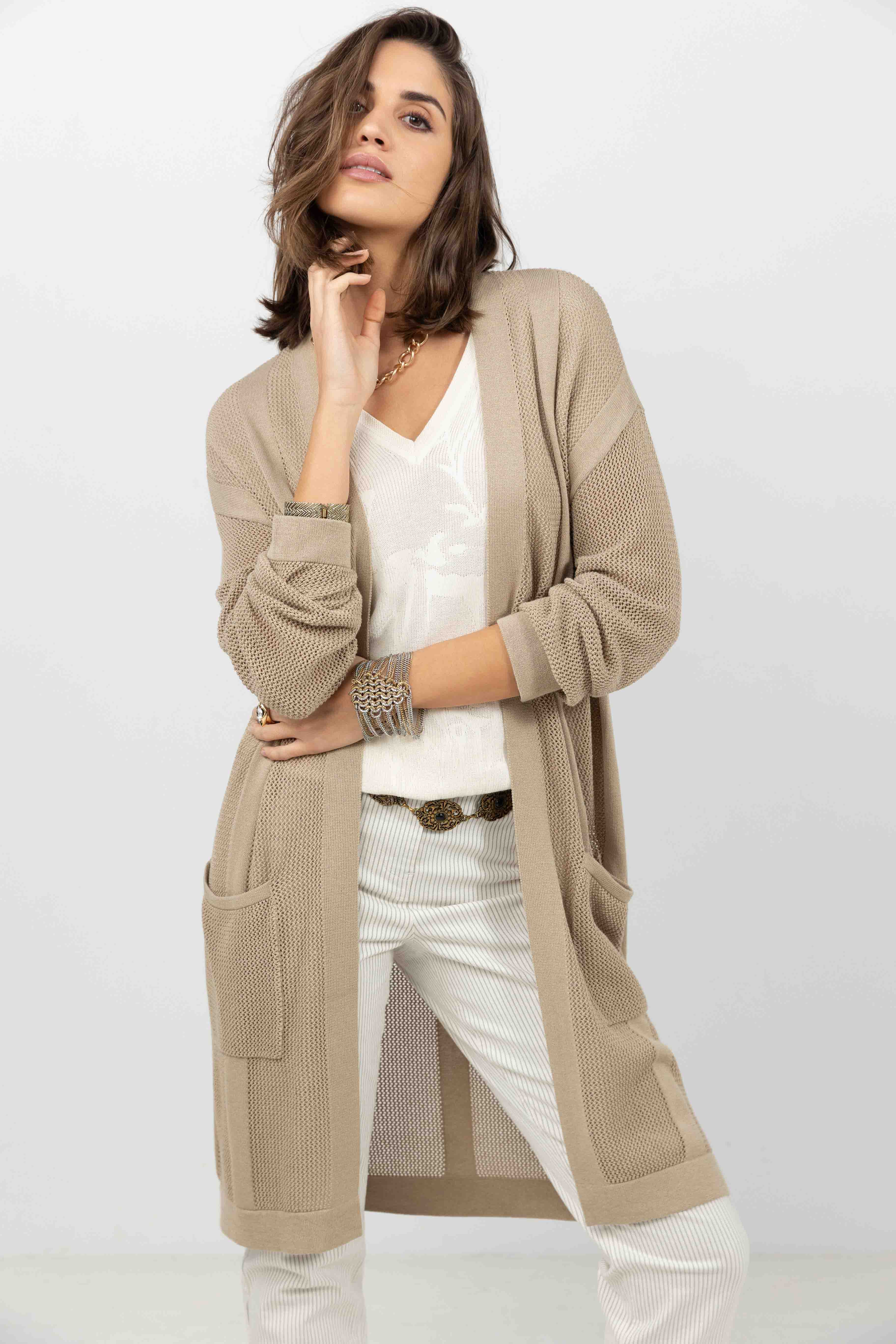 Gilet long taupe maille filet gipsy