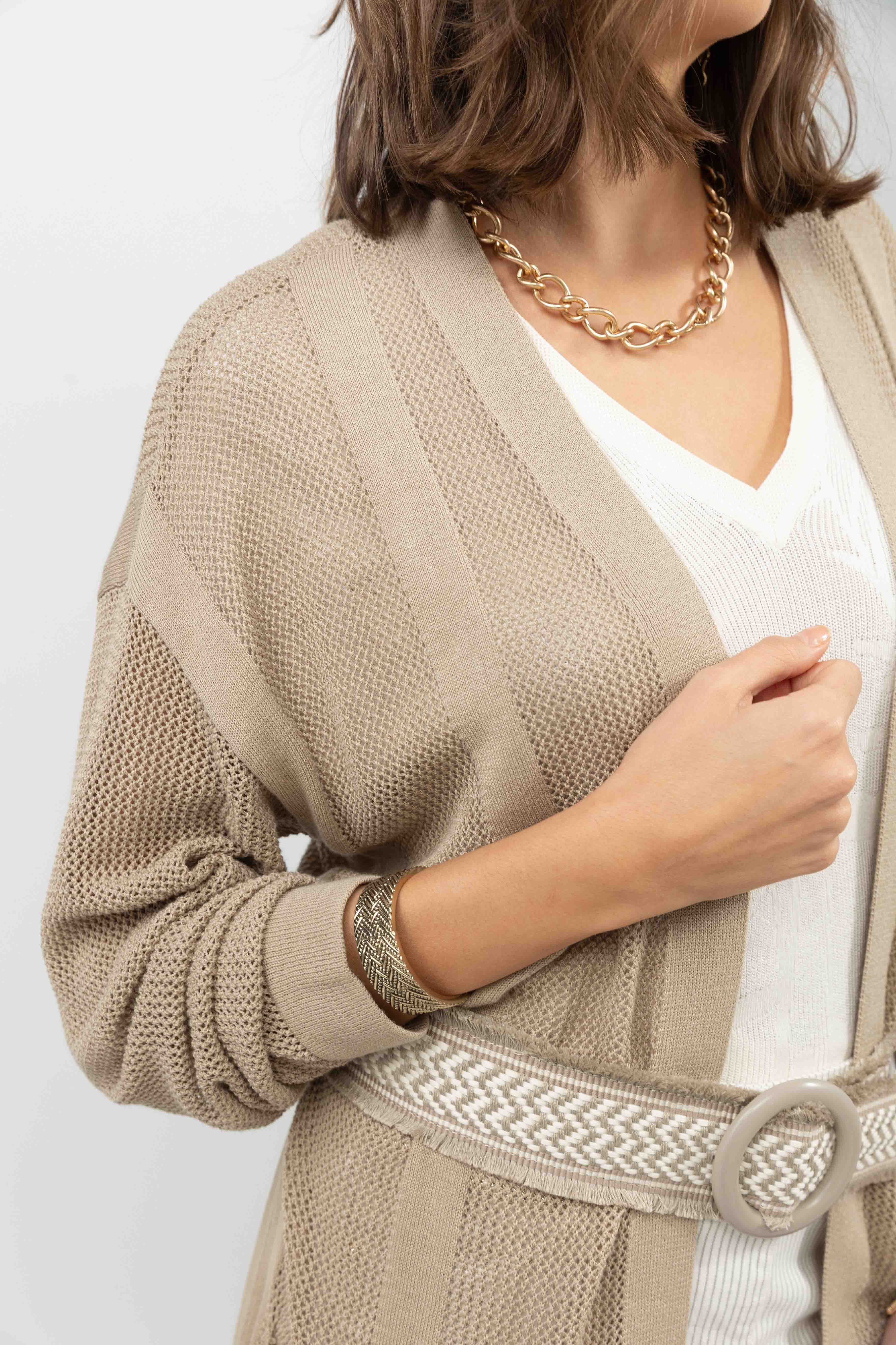 Gilet long taupe maille filet gipsy - Image 2
