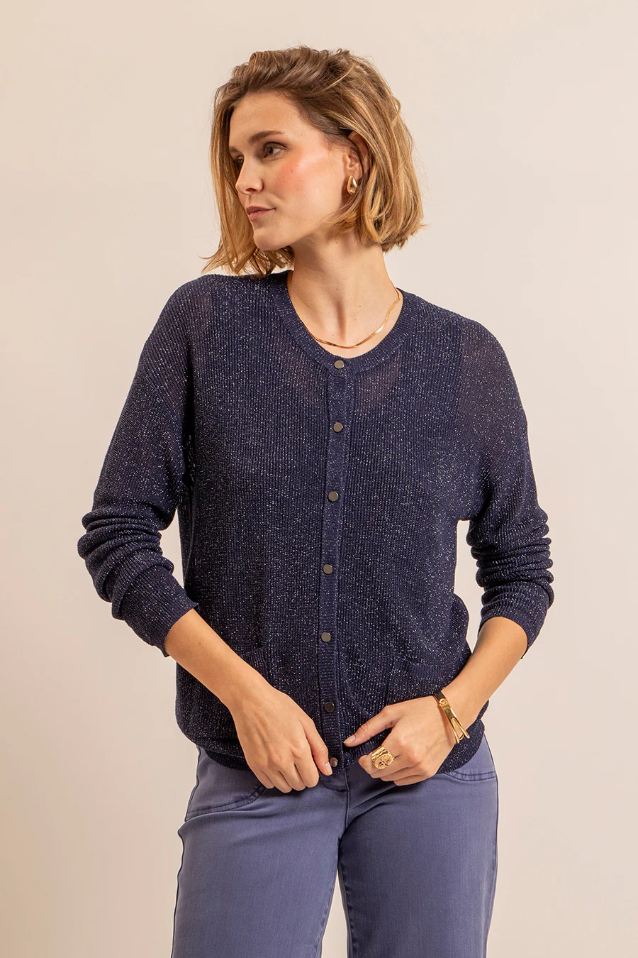 Gilet lurex boutonné navy - Image 3