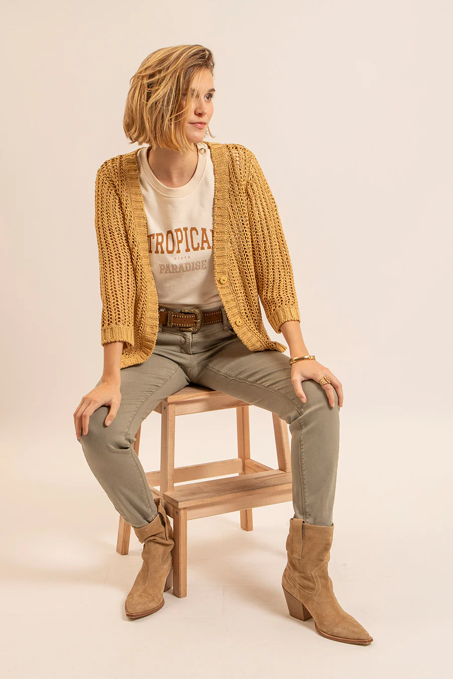 Gilet maille filet ocre - Image 3