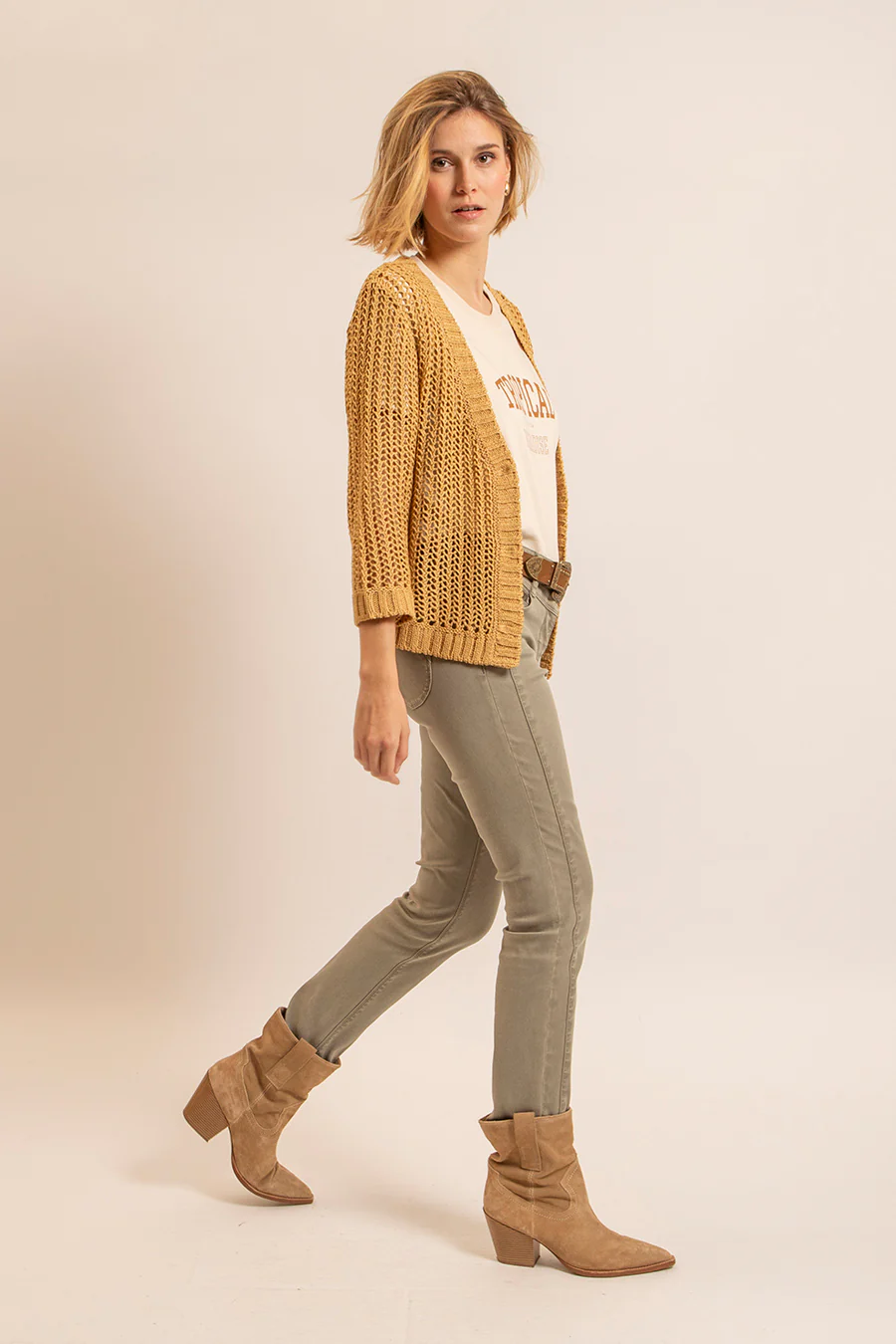 Gilet maille filet ocre - Image 4