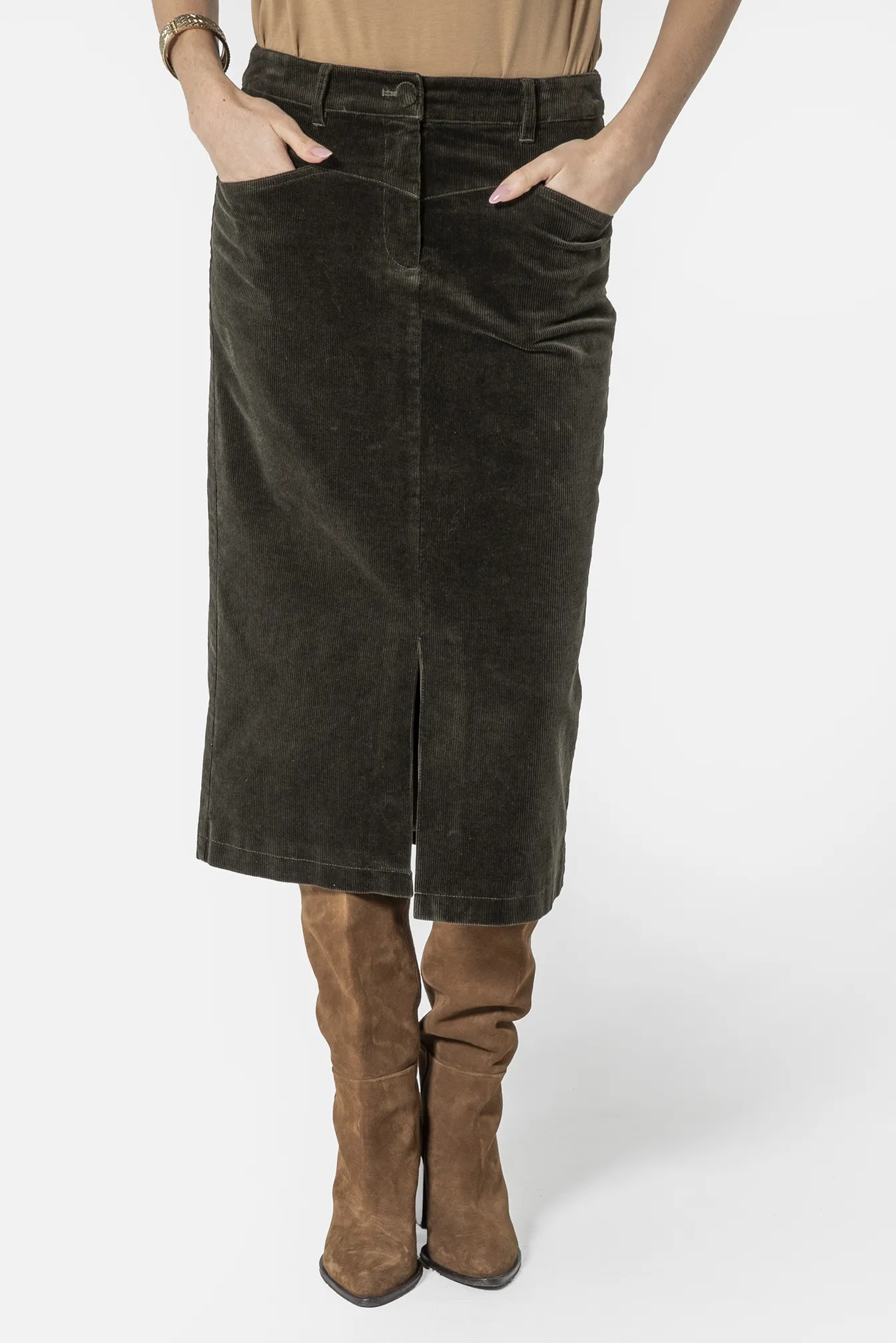 Jupe midi en velours kaki - Image 2