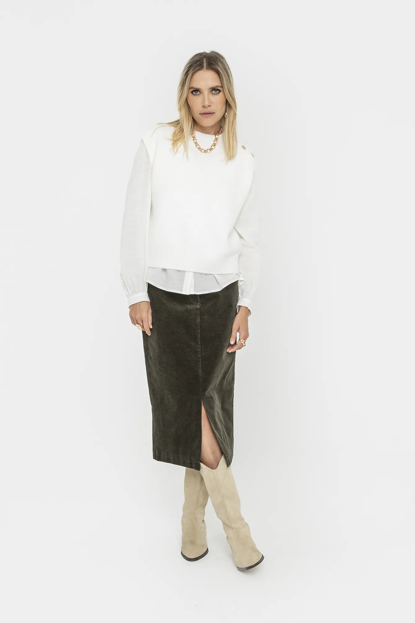 Jupe midi en velours kaki - Image 4