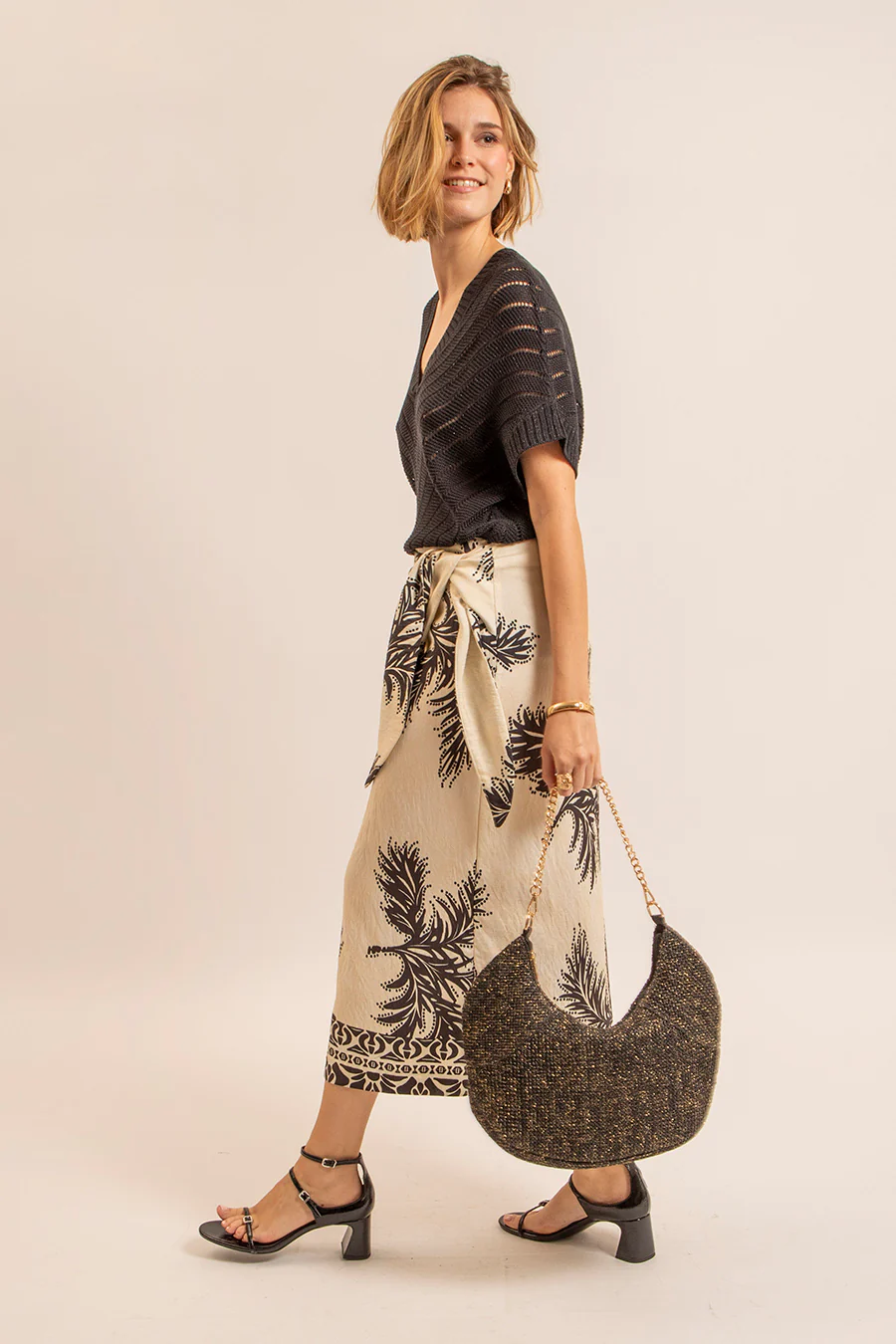 Jupe paréo beige et noire - Image 4