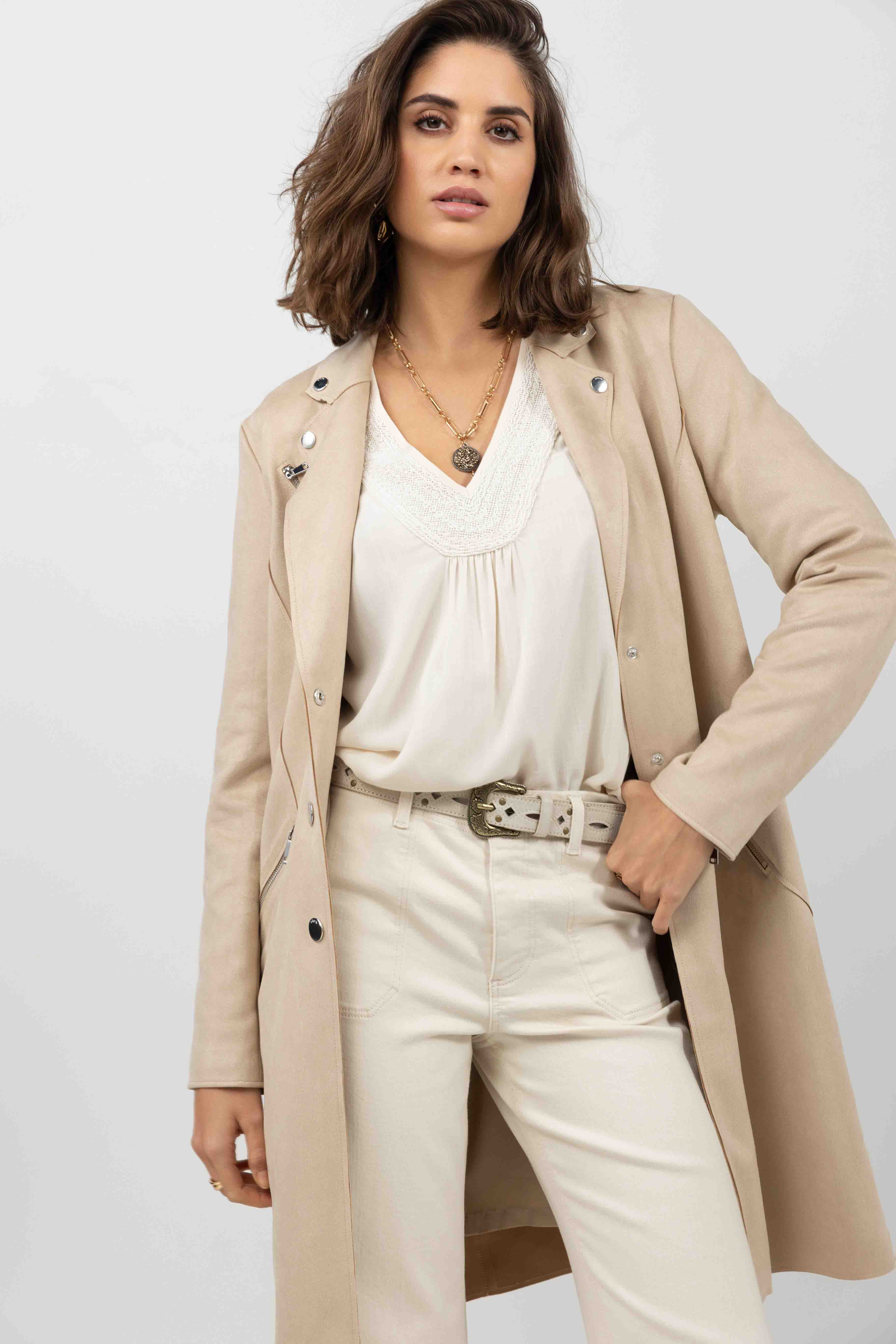 Manteau beige suédé rock chic