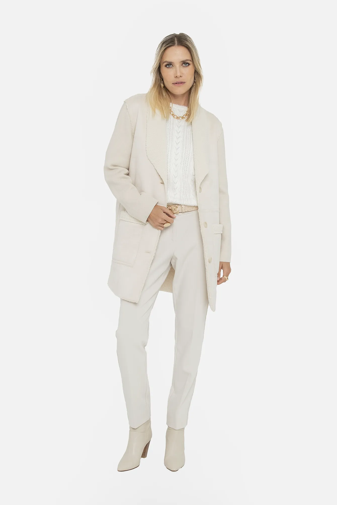Manteau long bi-matières écru - Image 4