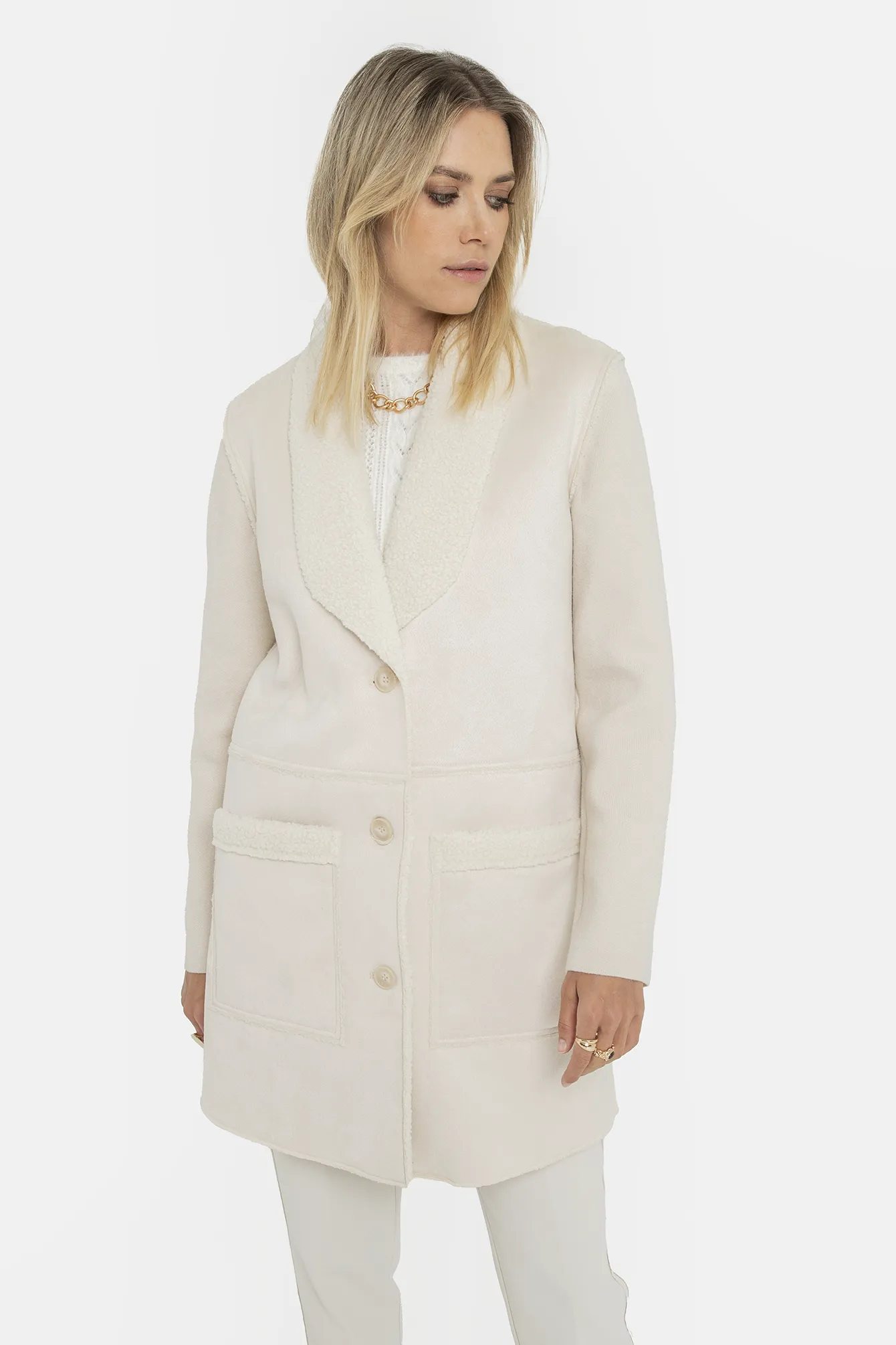 Manteau long bi-matières écru - Image 6