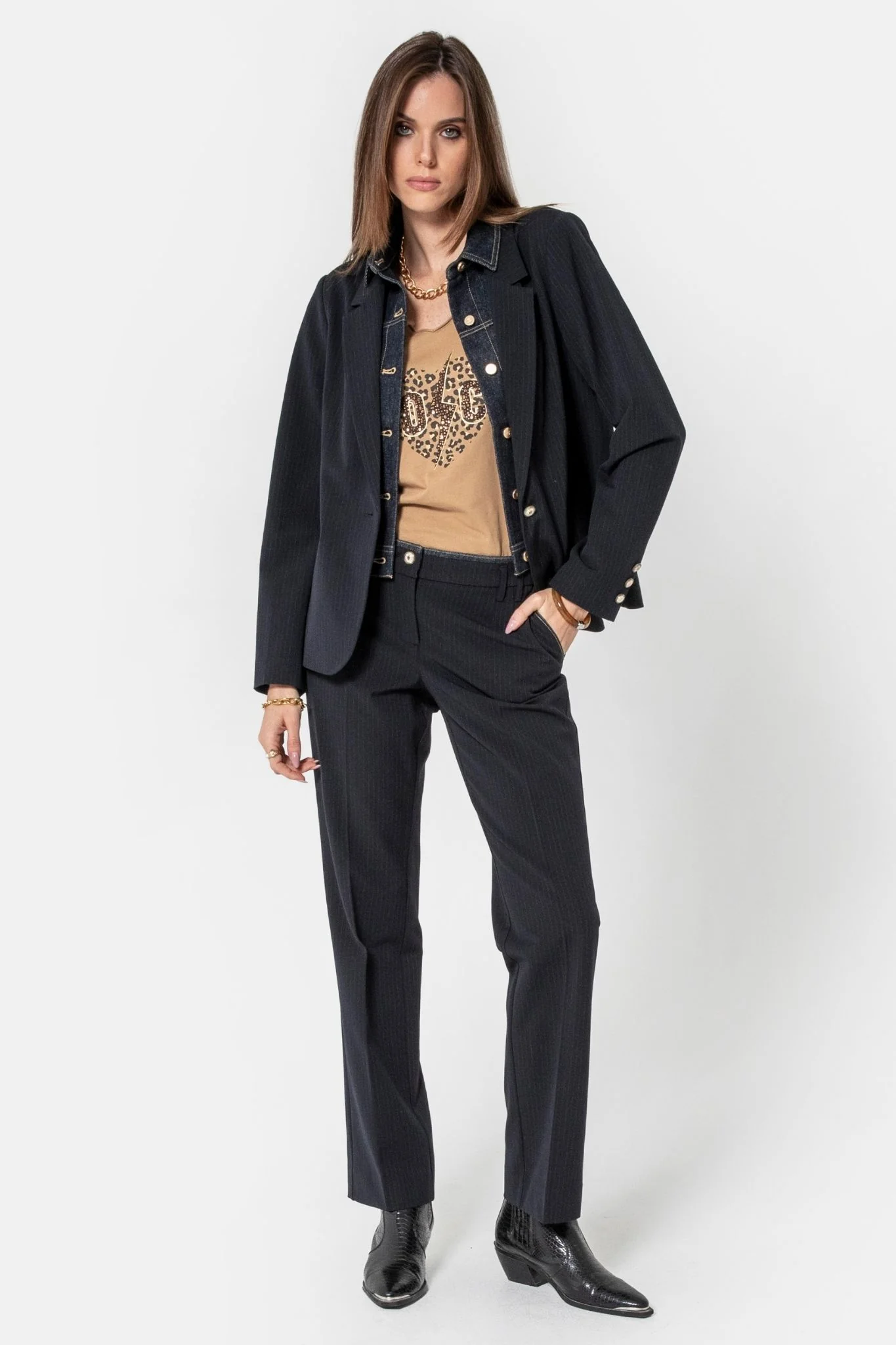 Pantalon bi-matières rayé