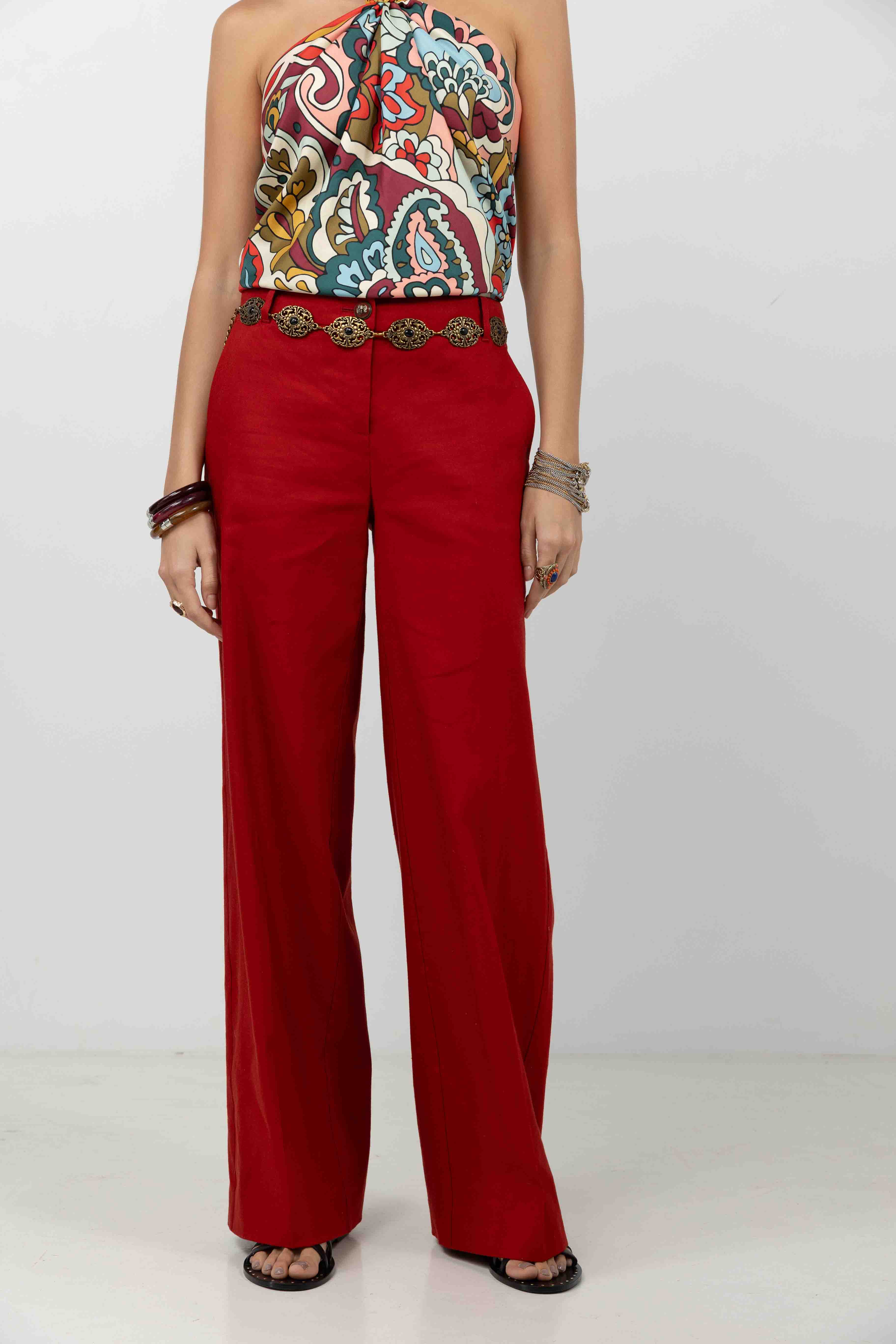 Pantalon palazzo rouge lin fluide - Image 2