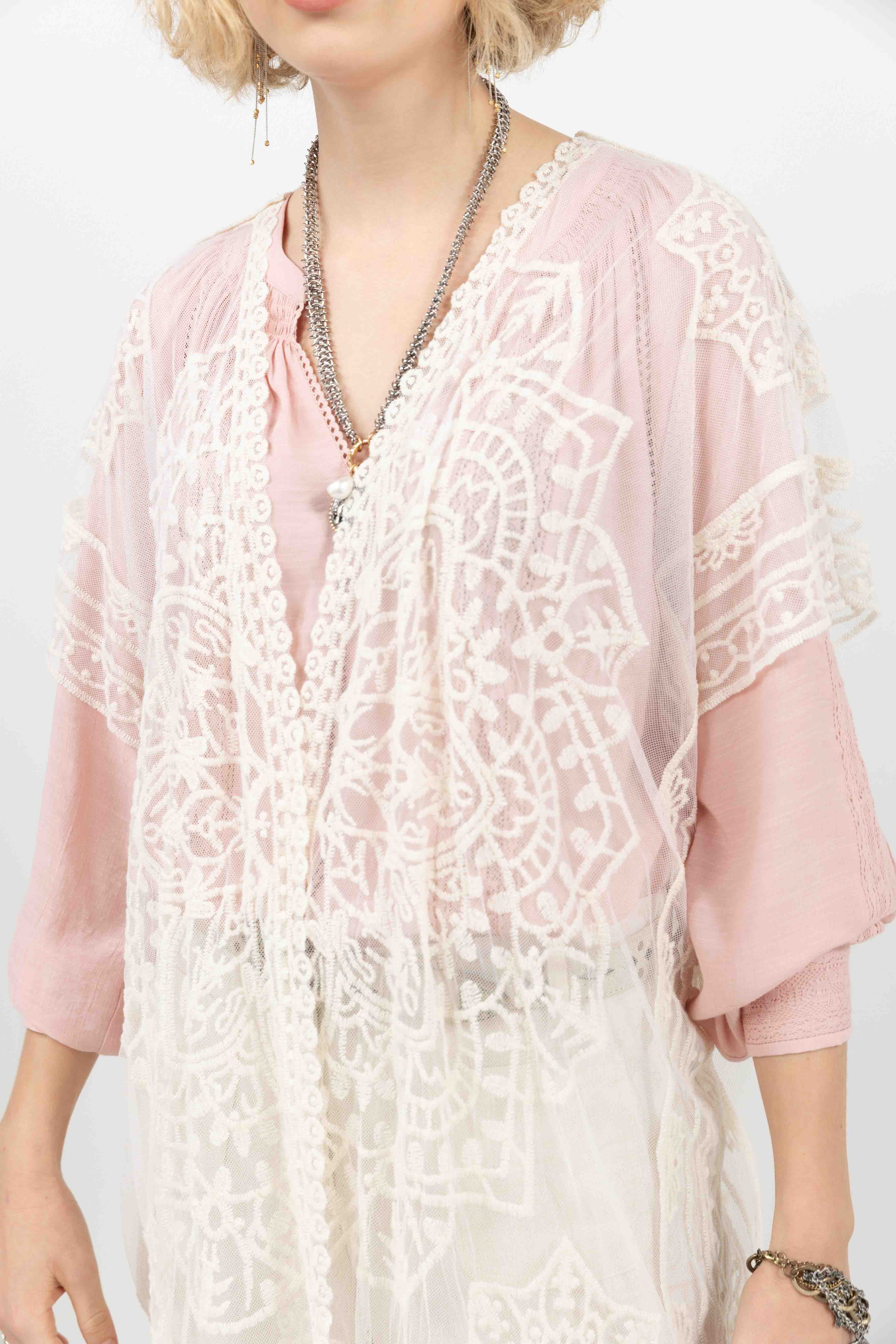 Poncho écru long dentelle bohème - Image 2