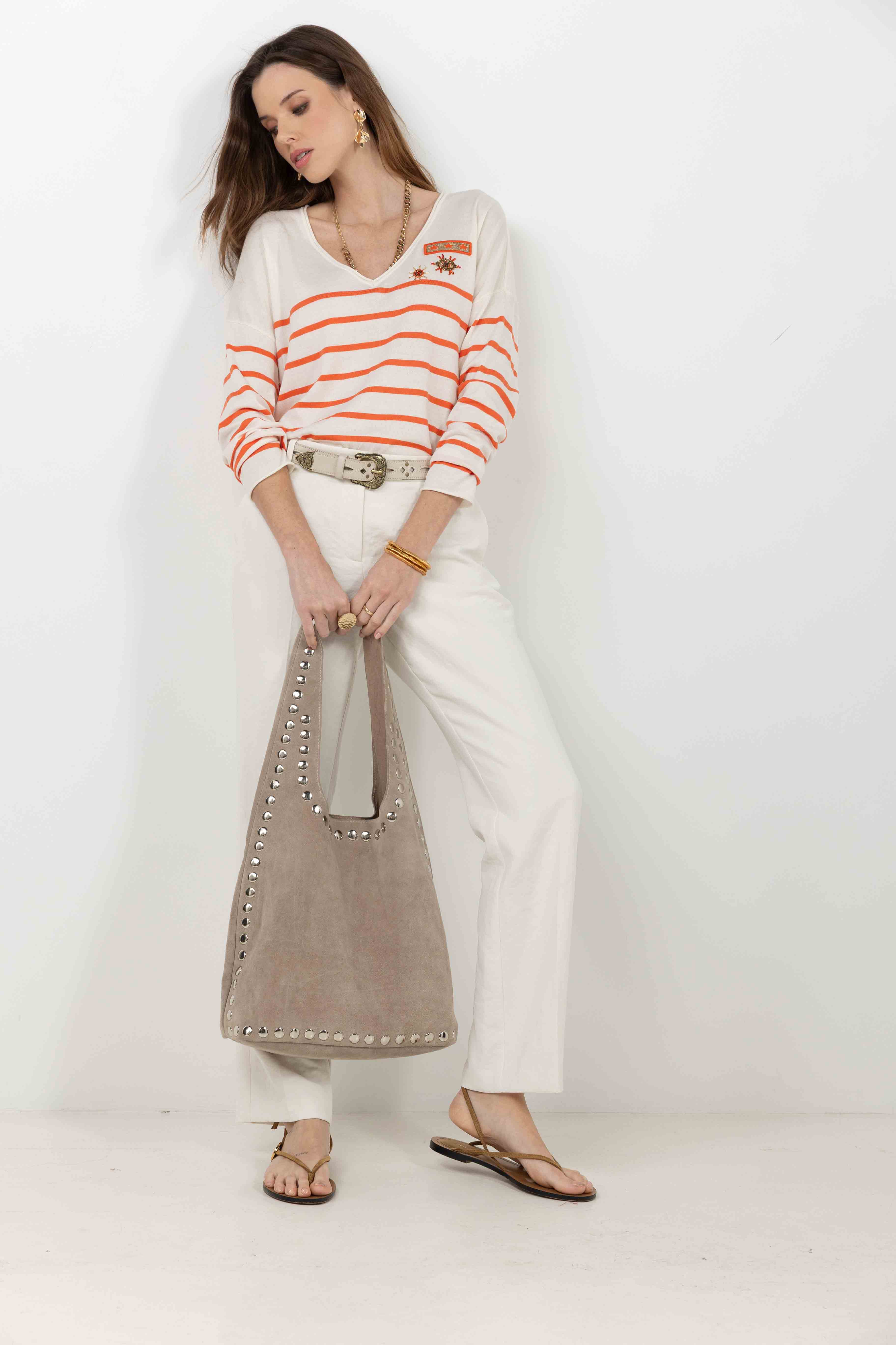 Pull marinière écru orange brodé - Image 3