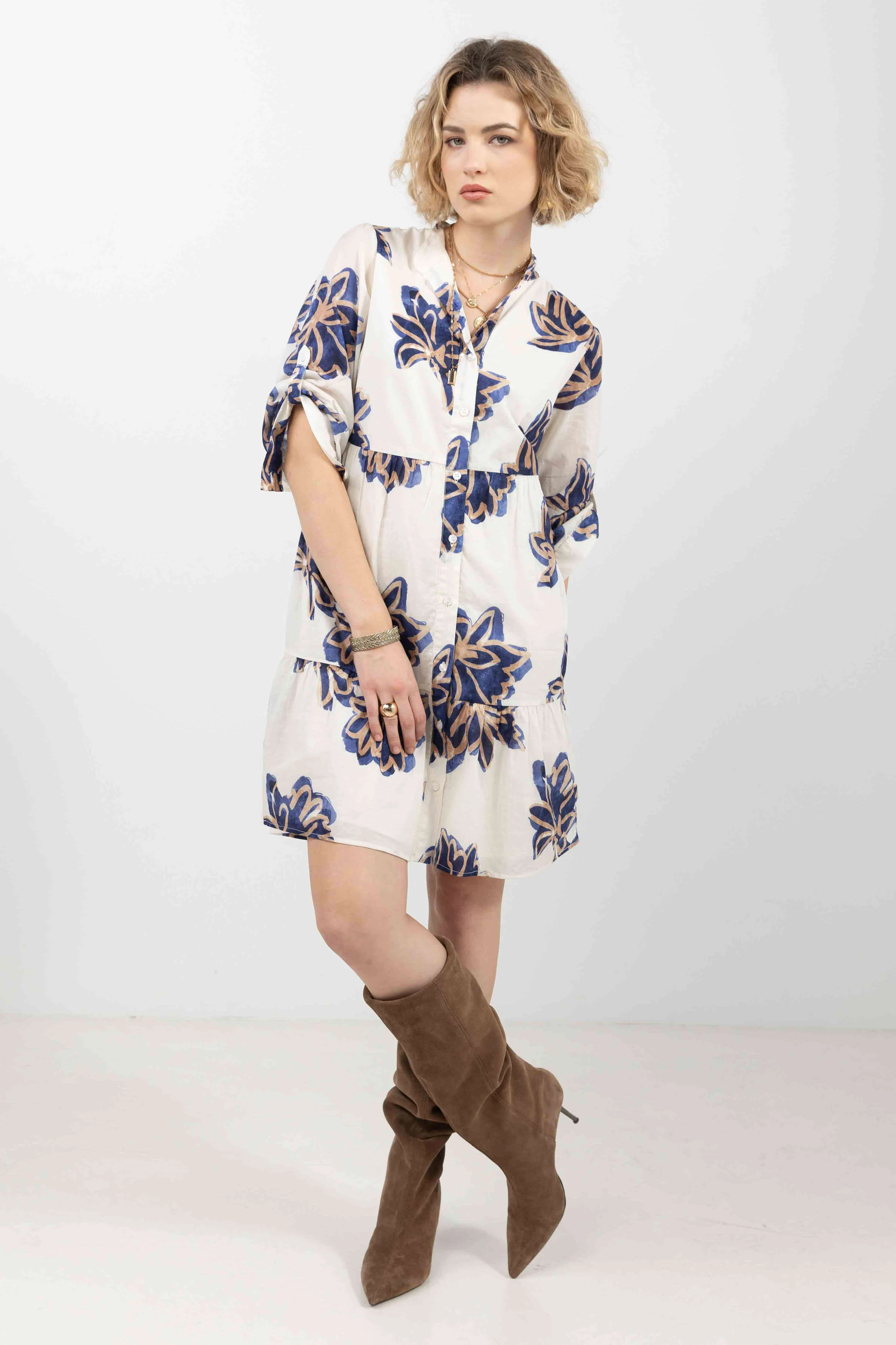 Robe chemise fleurie écru bleu - Image 3