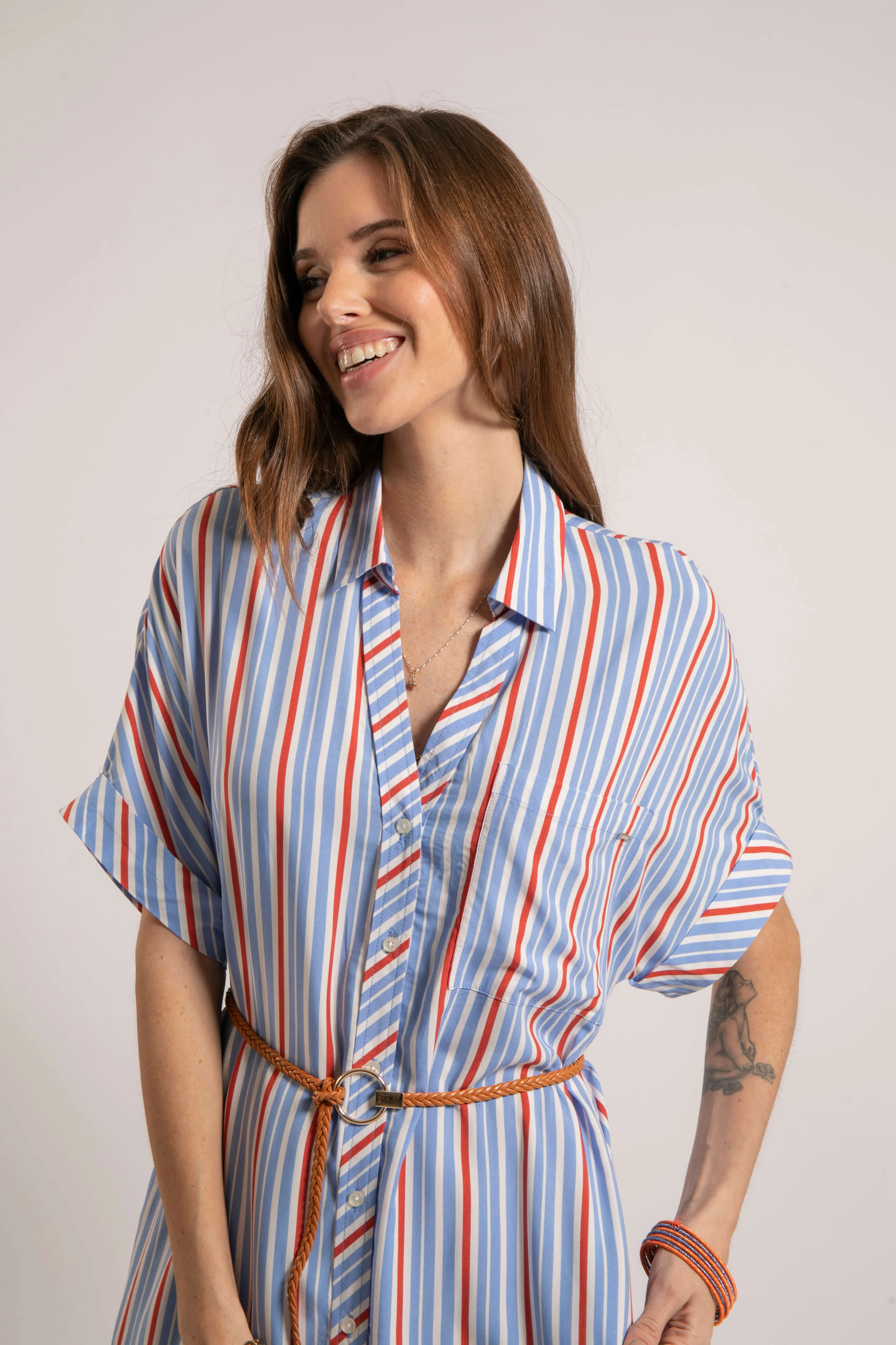 Robe chemise rayée bleu et orange - Image 2