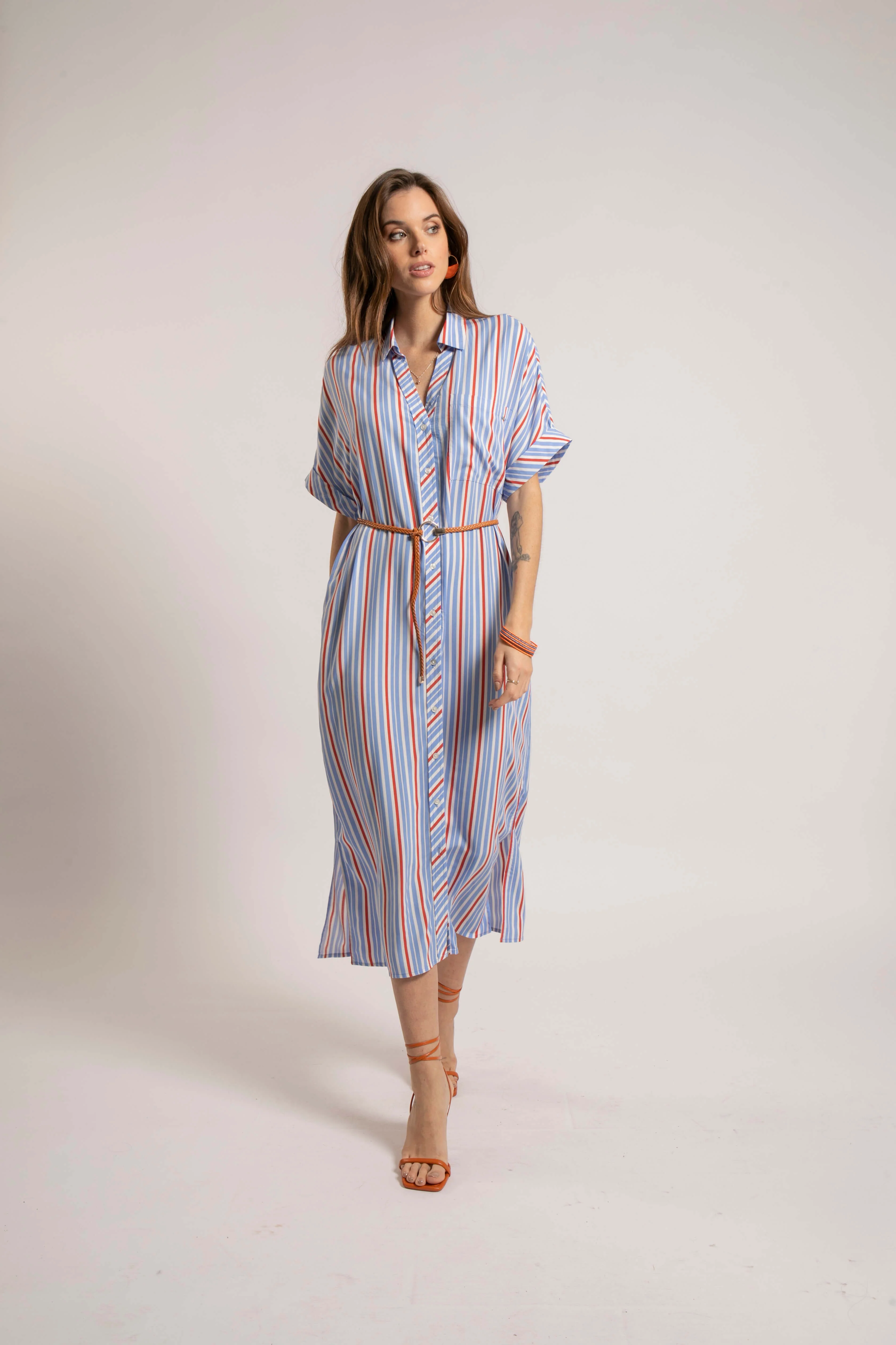 Robe chemise rayée bleu et orange - Image 4
