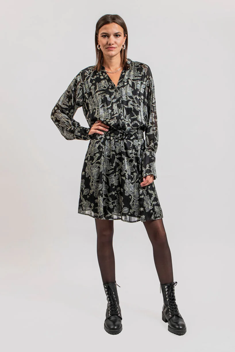 Robe courte imprimé fleurs noir et kaki