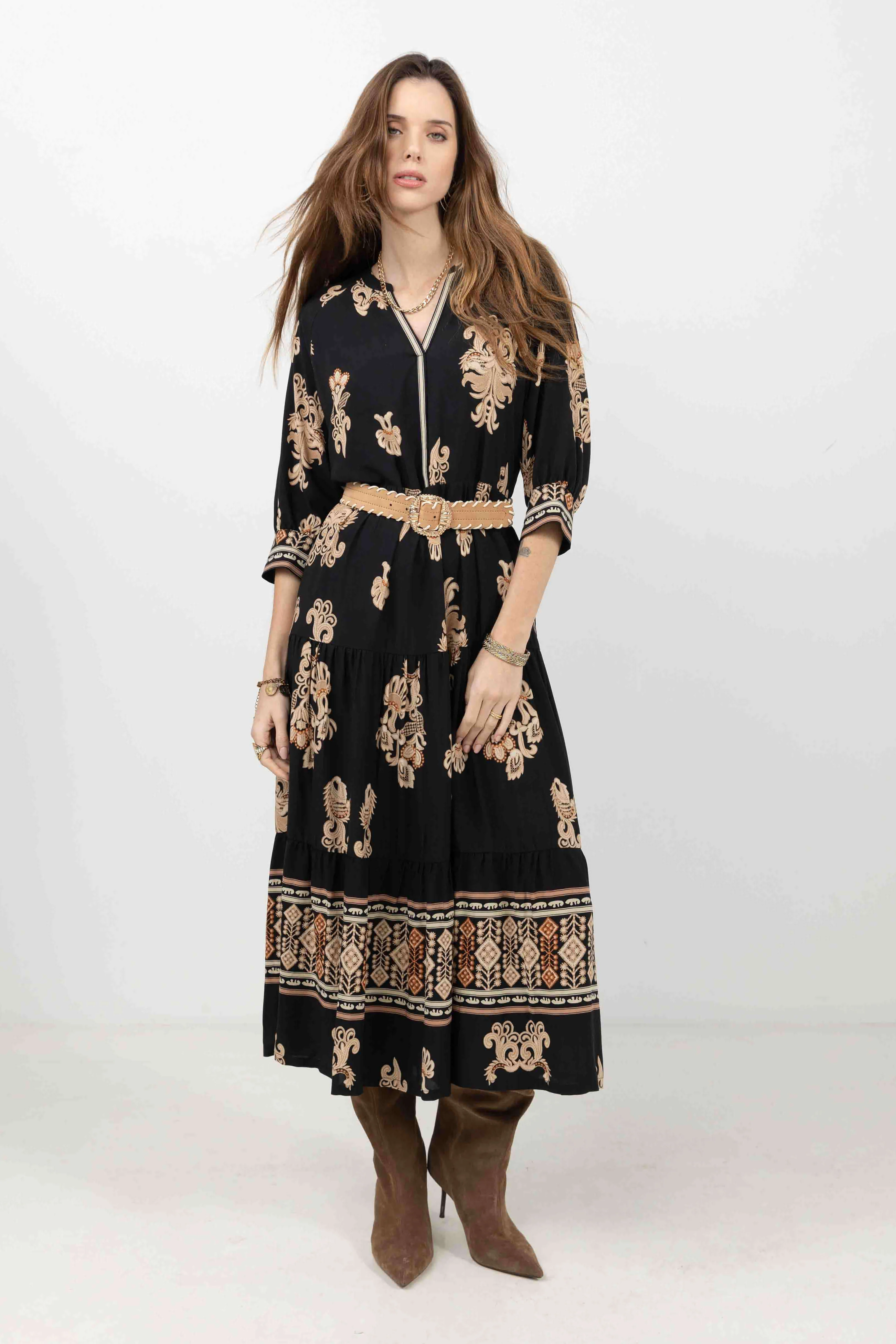 Robe longue bohème imprimé noir beige