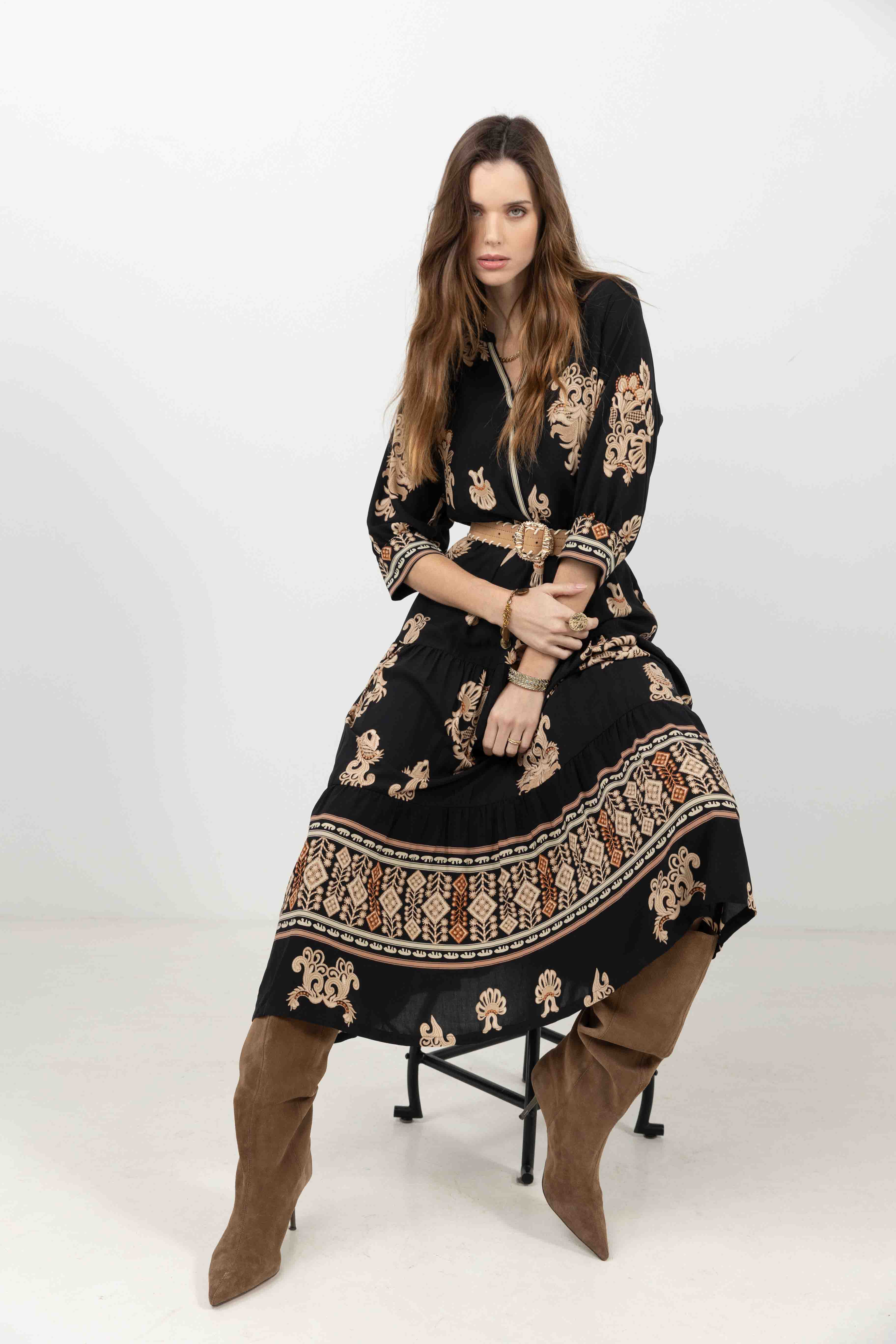 Robe longue bohème imprimé noir beige - Image 3
