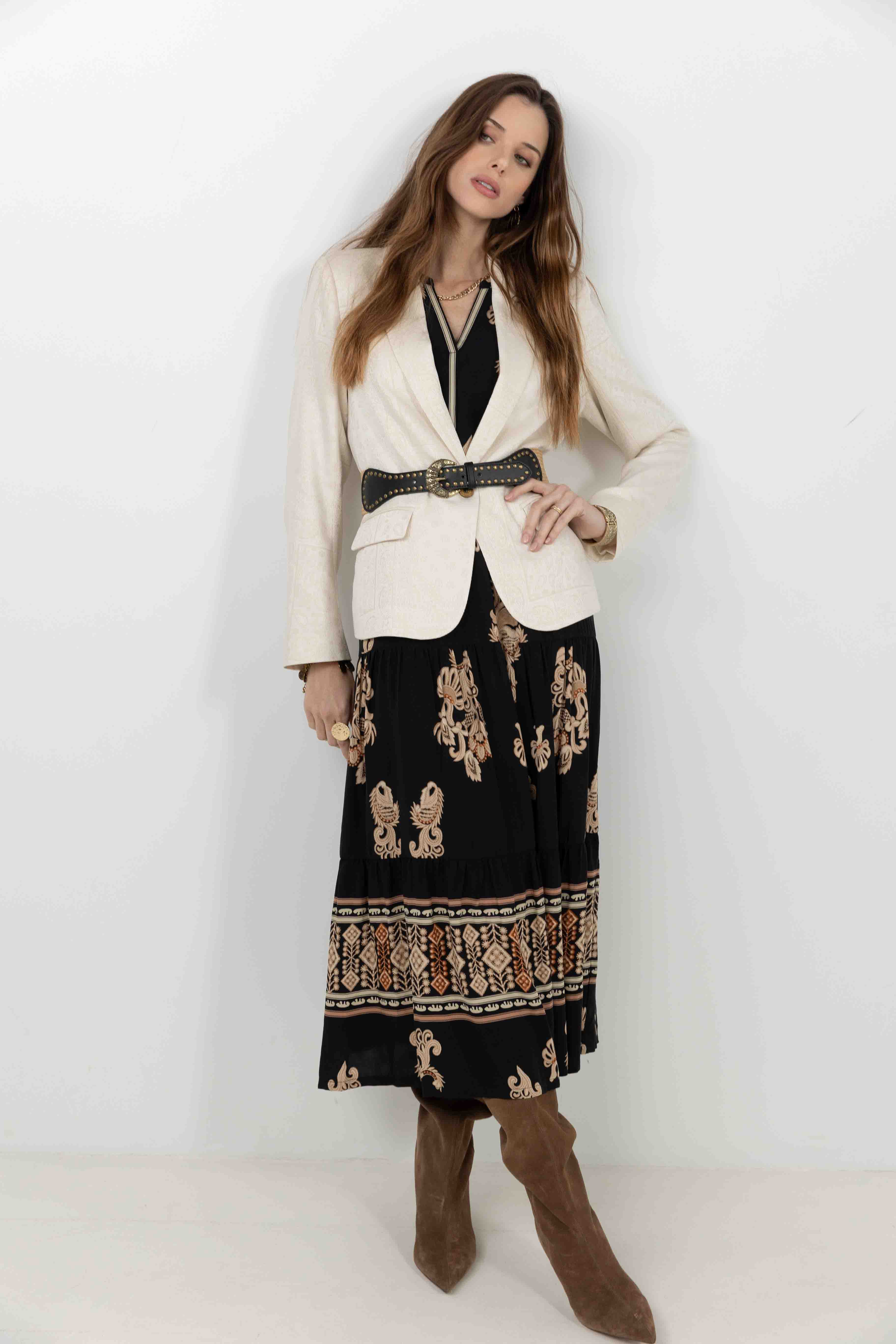 Robe longue bohème imprimé noir beige - Image 4