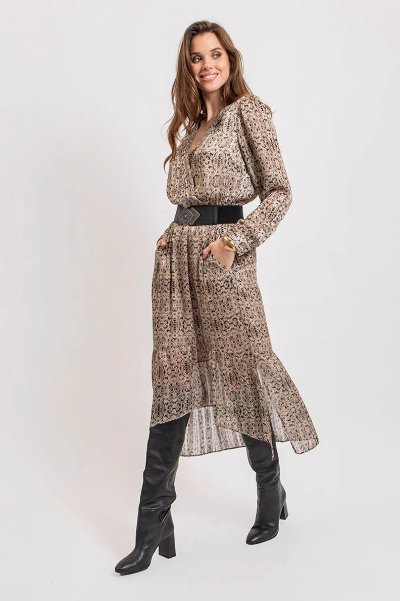 Robe longue imprimé beige et noir