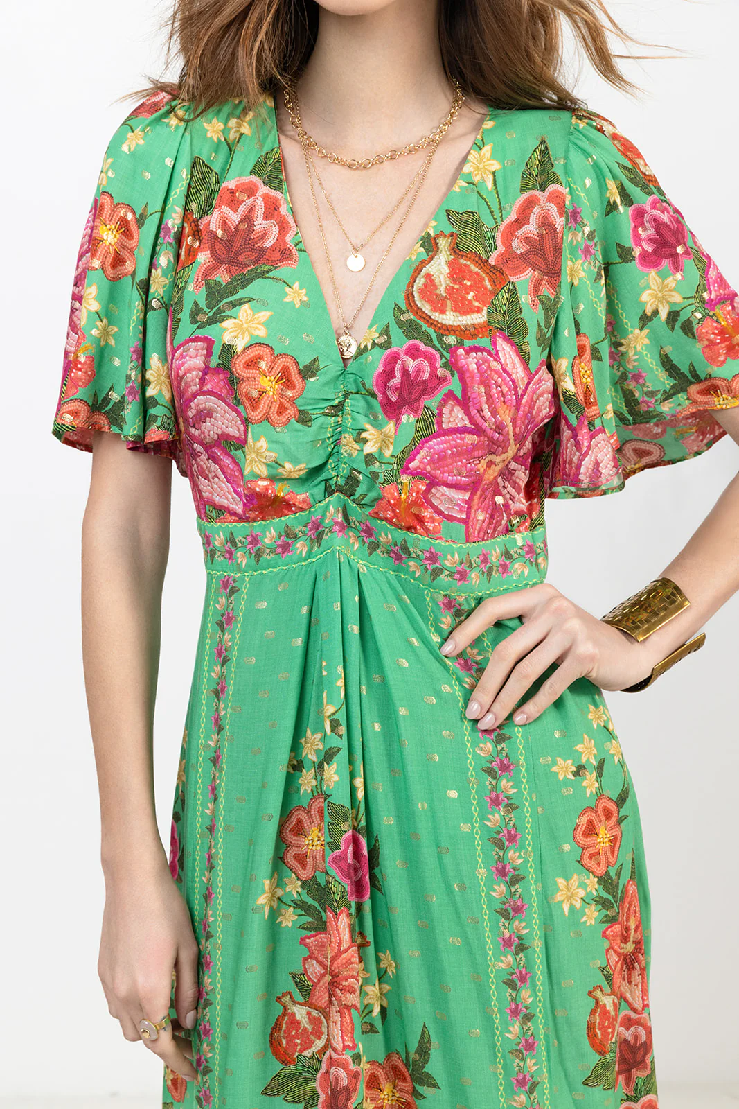 Robe longue imprimée vert rose doré - Image 2