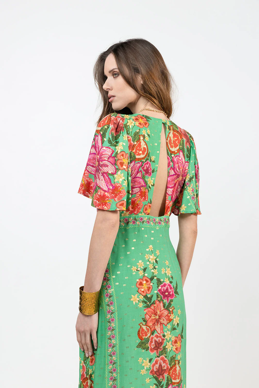 Robe longue imprimée vert rose doré - Image 3