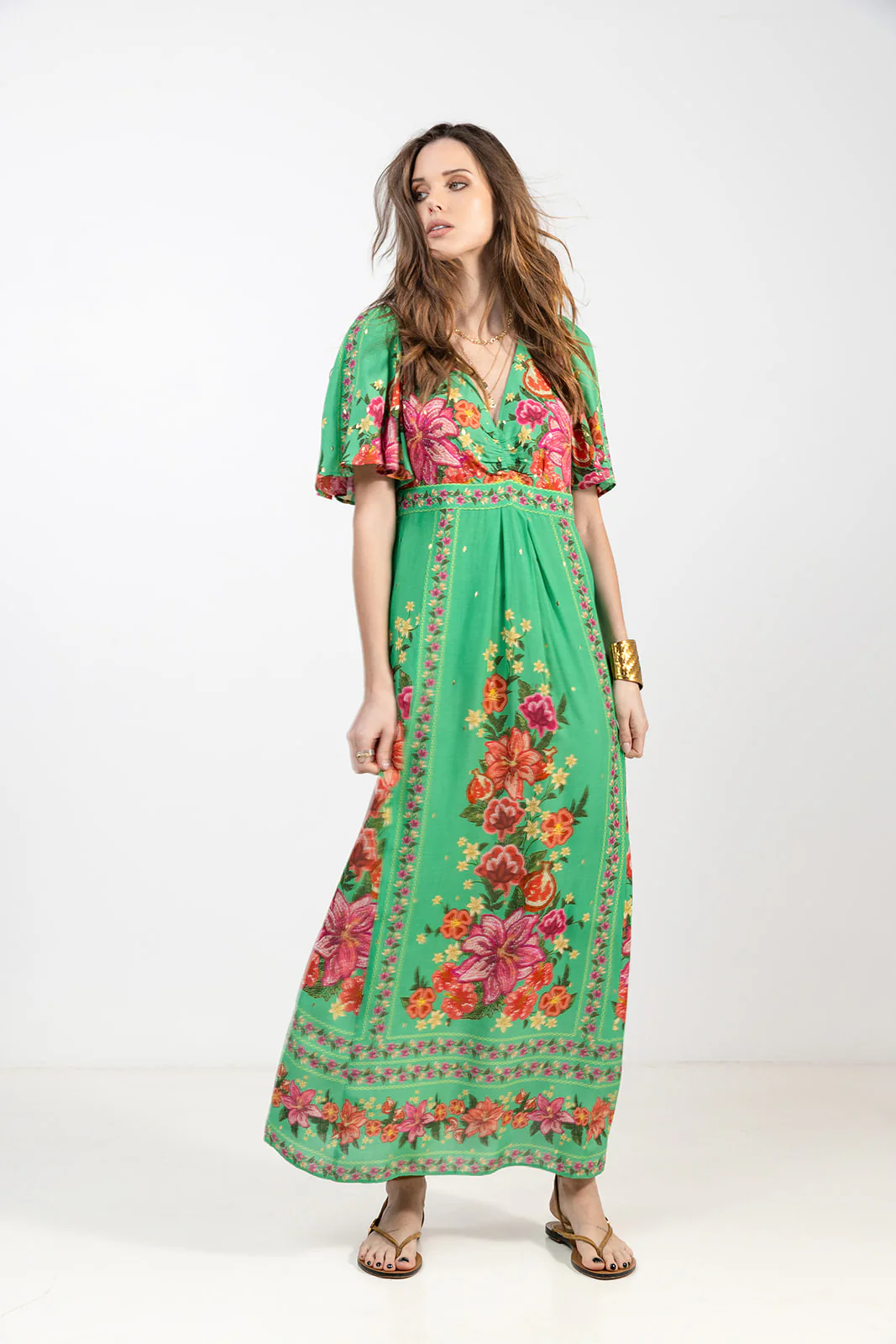 Robe longue imprimée vert rose doré - Image 5