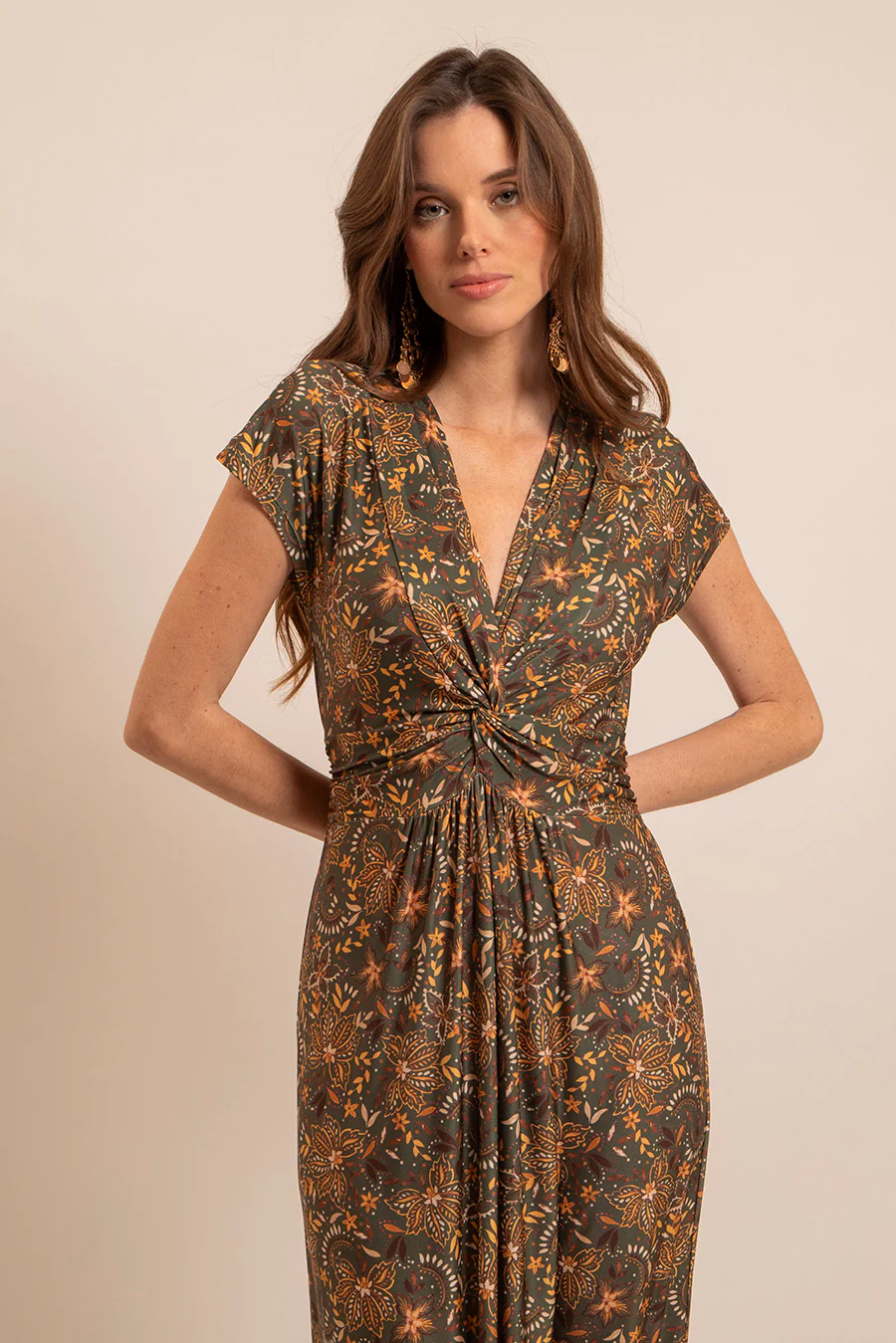 Robe longue infroissable kaki et ocre - Image 3
