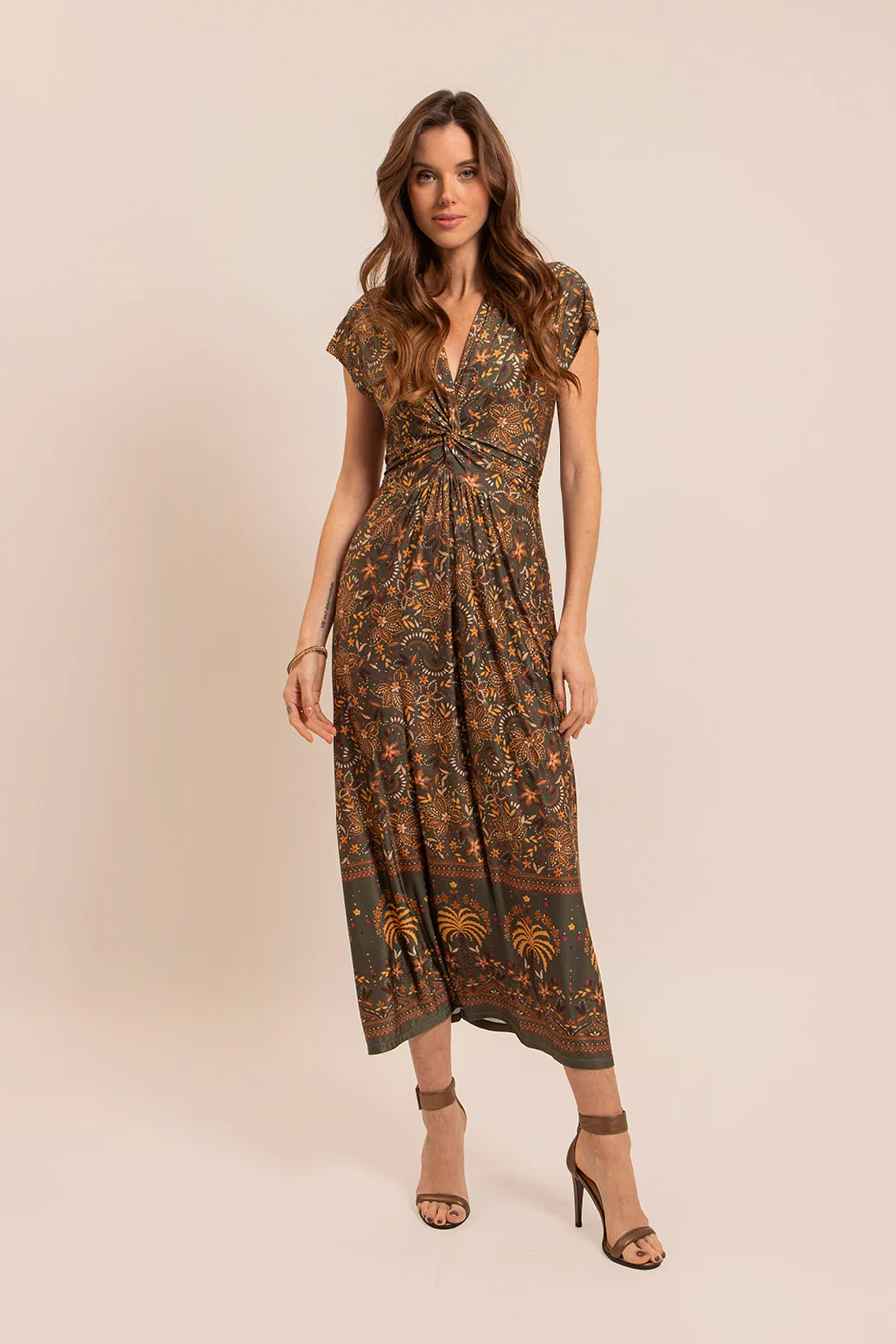 Robe longue infroissable kaki et ocre - Image 4