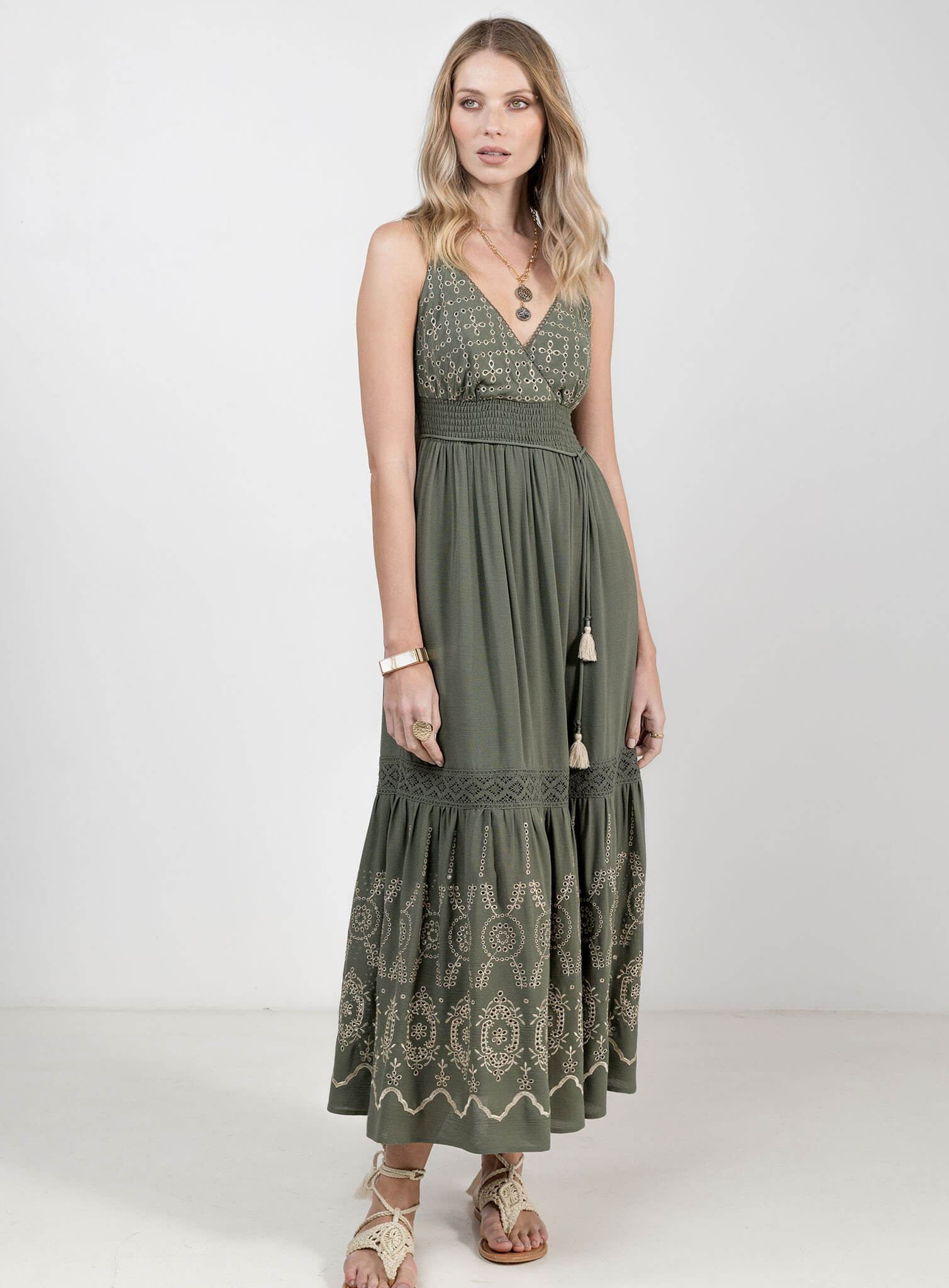 Robe longue kaki bohème broderie - Image 5