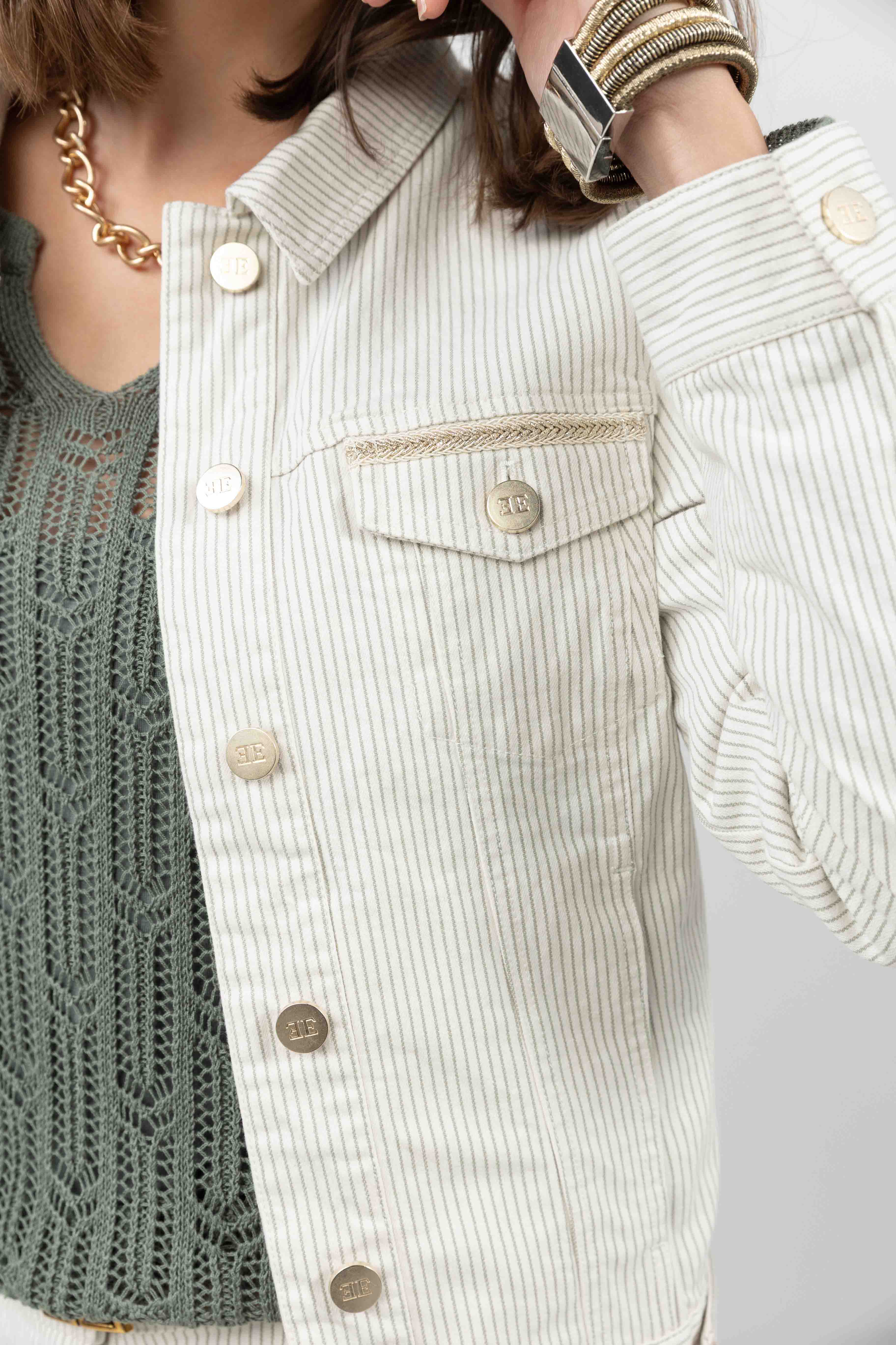 Veste en jean écru rayé kaki - Image 3