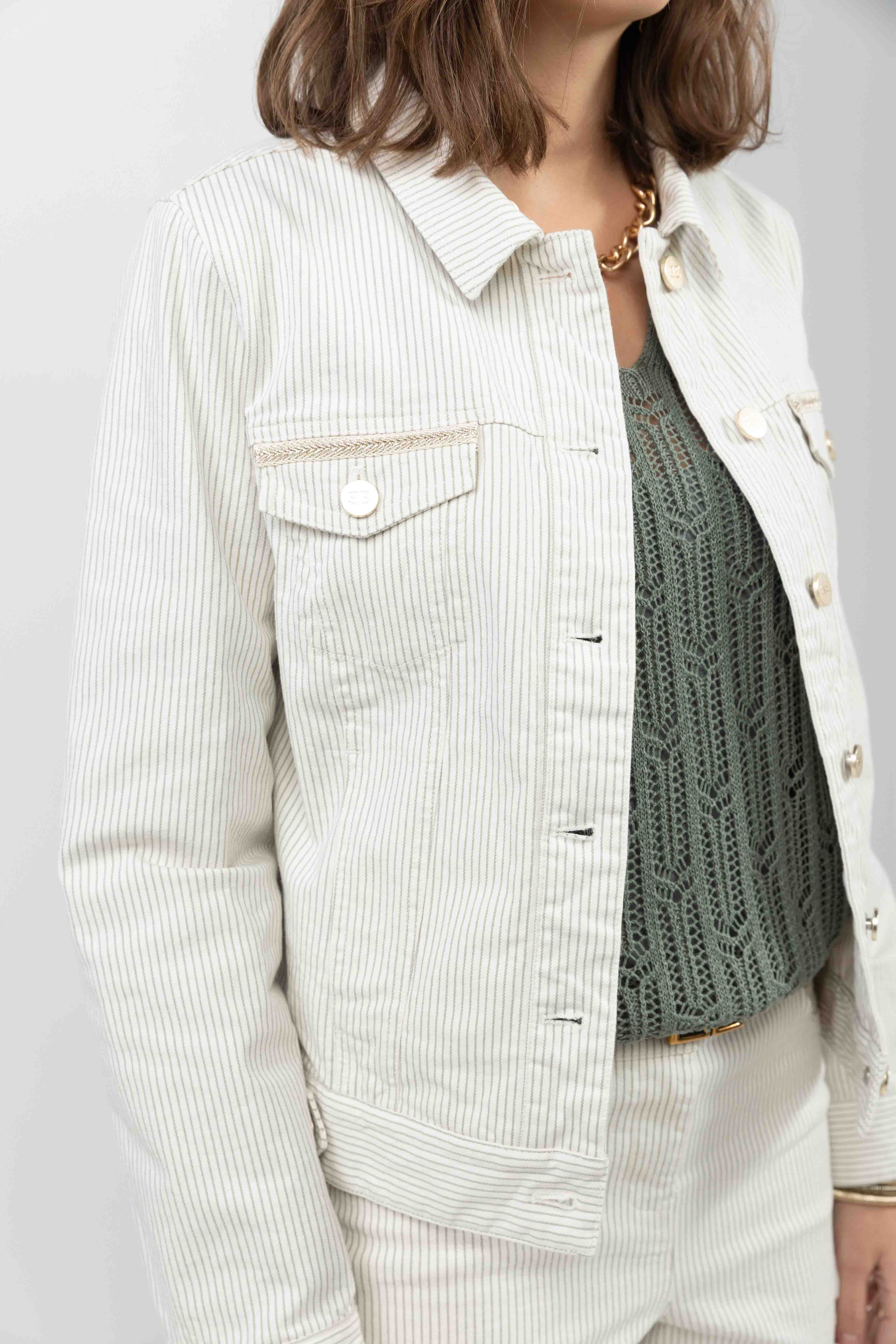 Veste en jean écru rayé kaki - Image 4