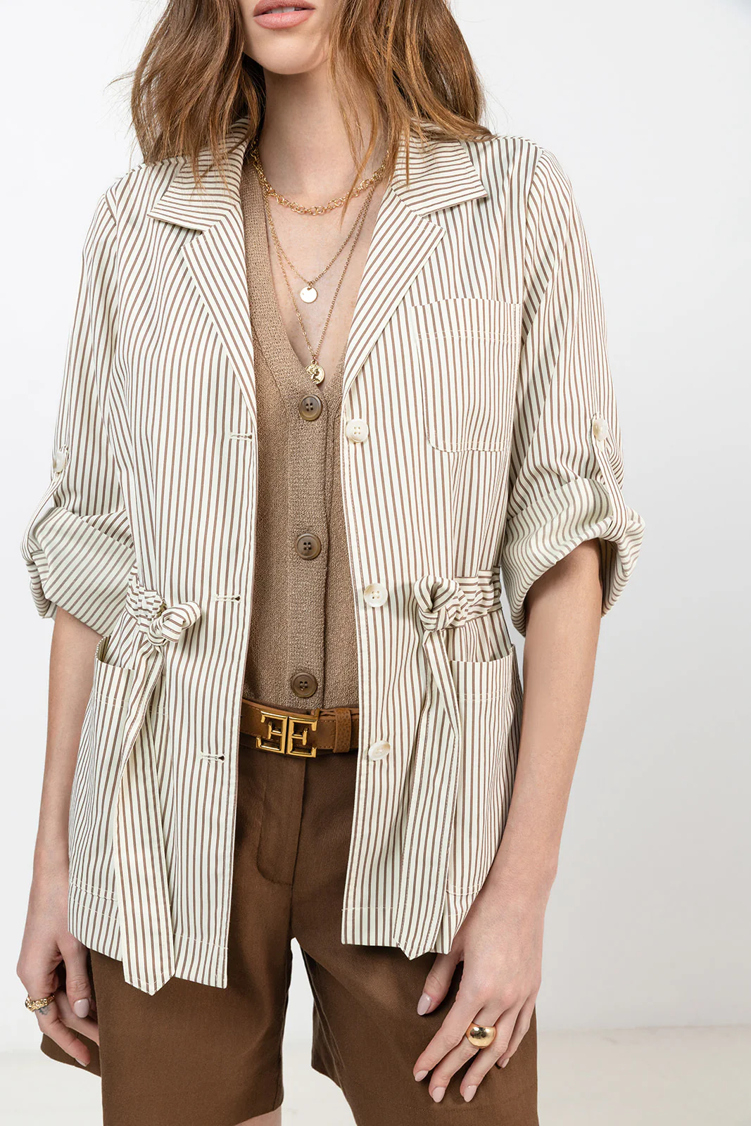 Veste saharienne rayée écru choco - Image 2